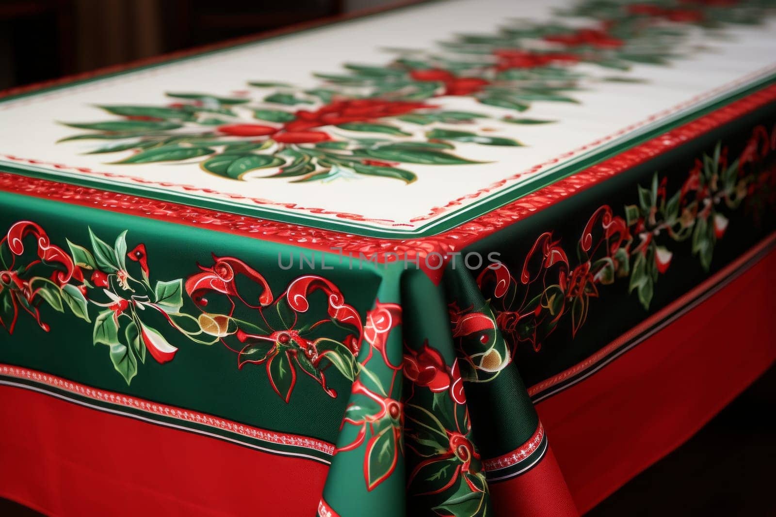 Table covered with a green and red table cloth. Generative AI