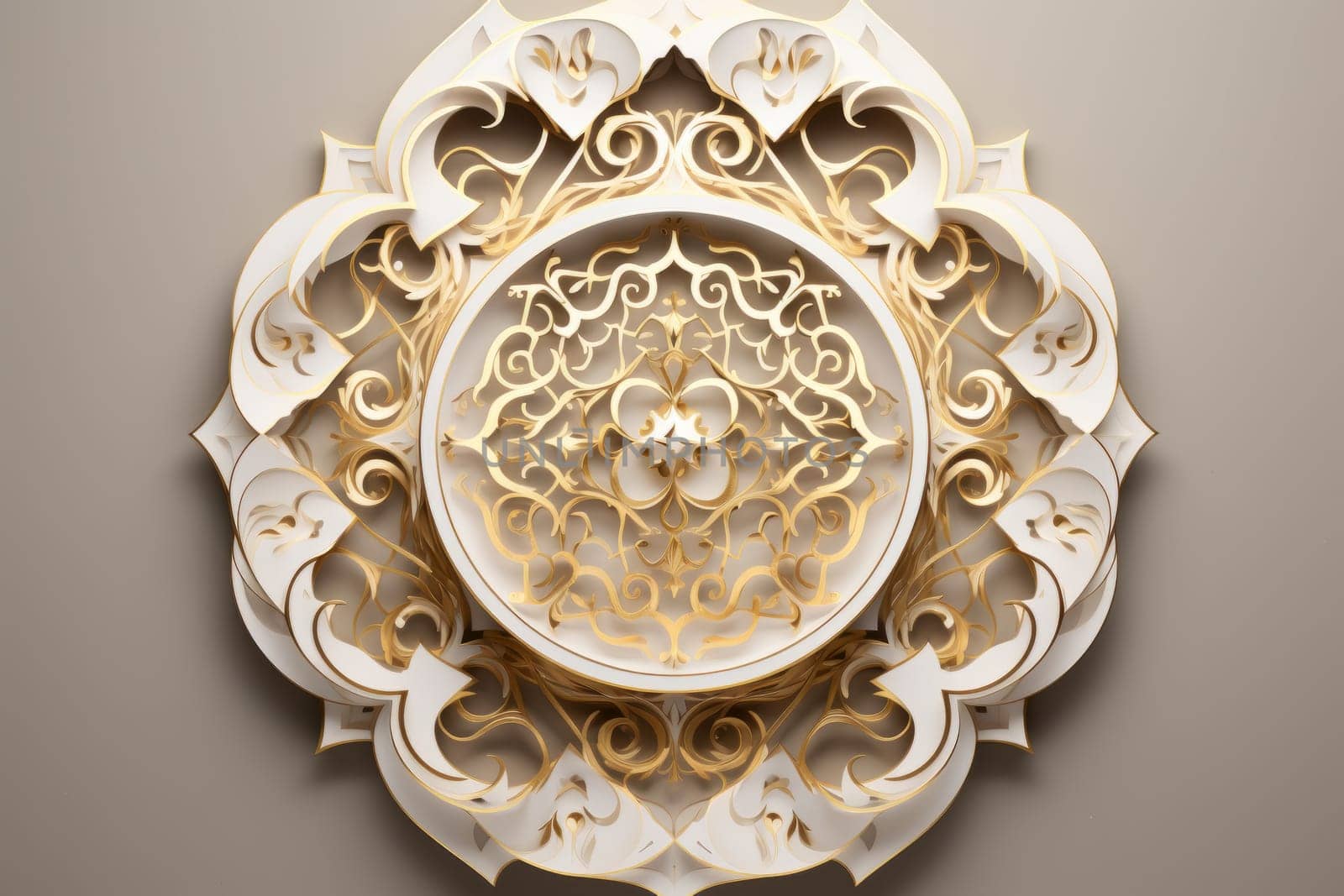 Elegant Islamic pattern in gold and white. Generative AI