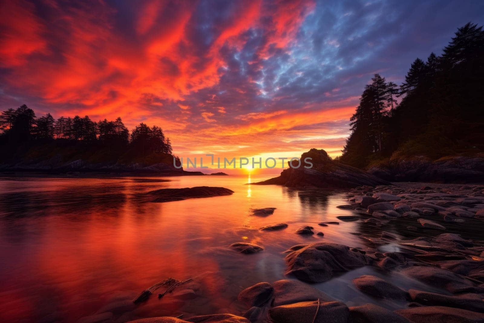 Stunning sunset over the ocean with rocks in the foreground. Generative AI