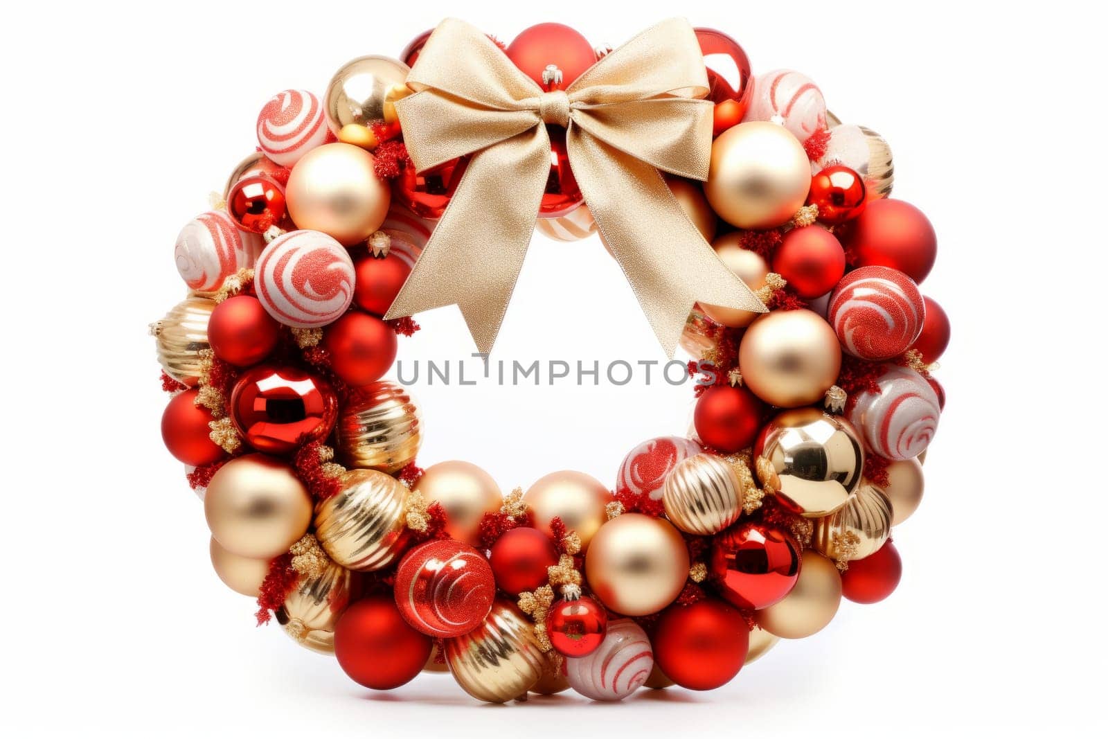 Christmas holiday wreath with ribbons and baubles. Generative AI