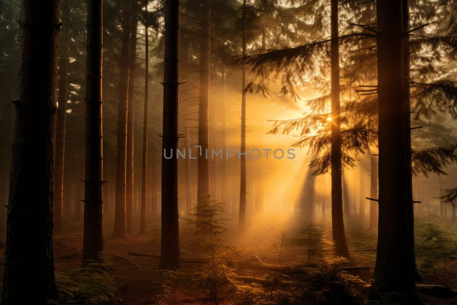 Golden Hour Magic in Forest. Generative AI