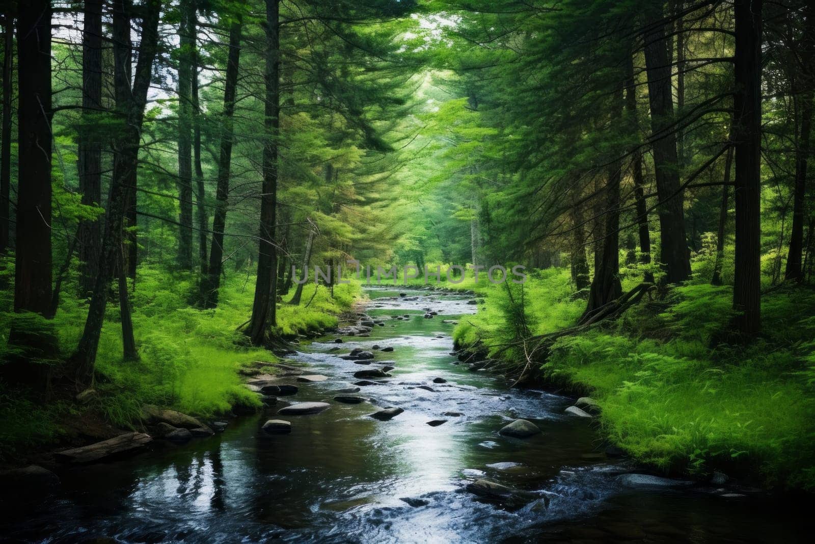 Serene Forest with Winding Creek. Generative AI