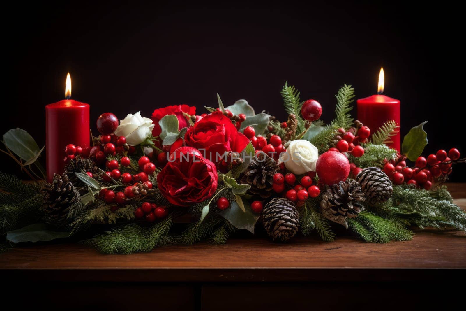 Festive centerpiece with candles and greenery. Generative AI
