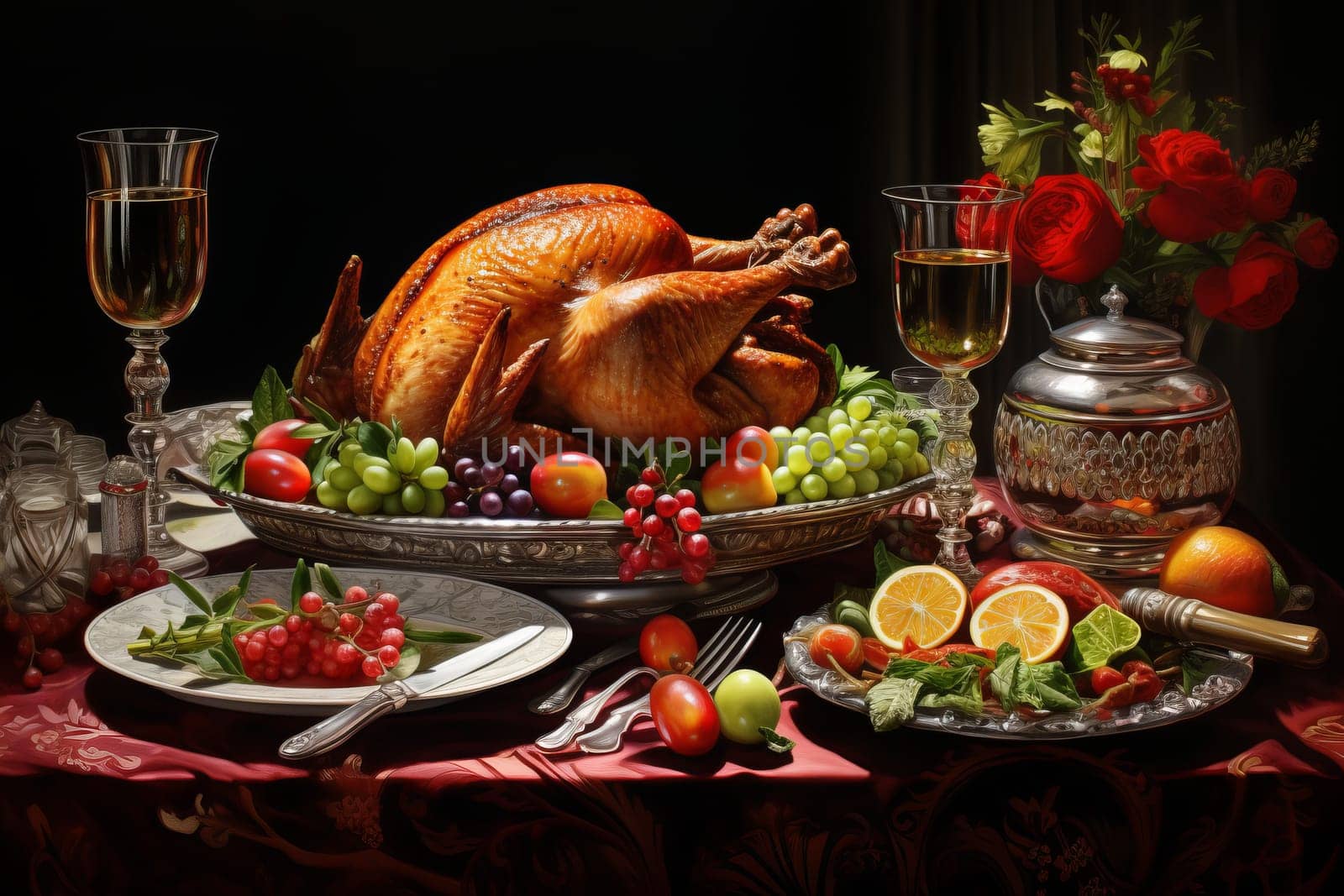 Holiday feast with a delicious turkey. Generative AI