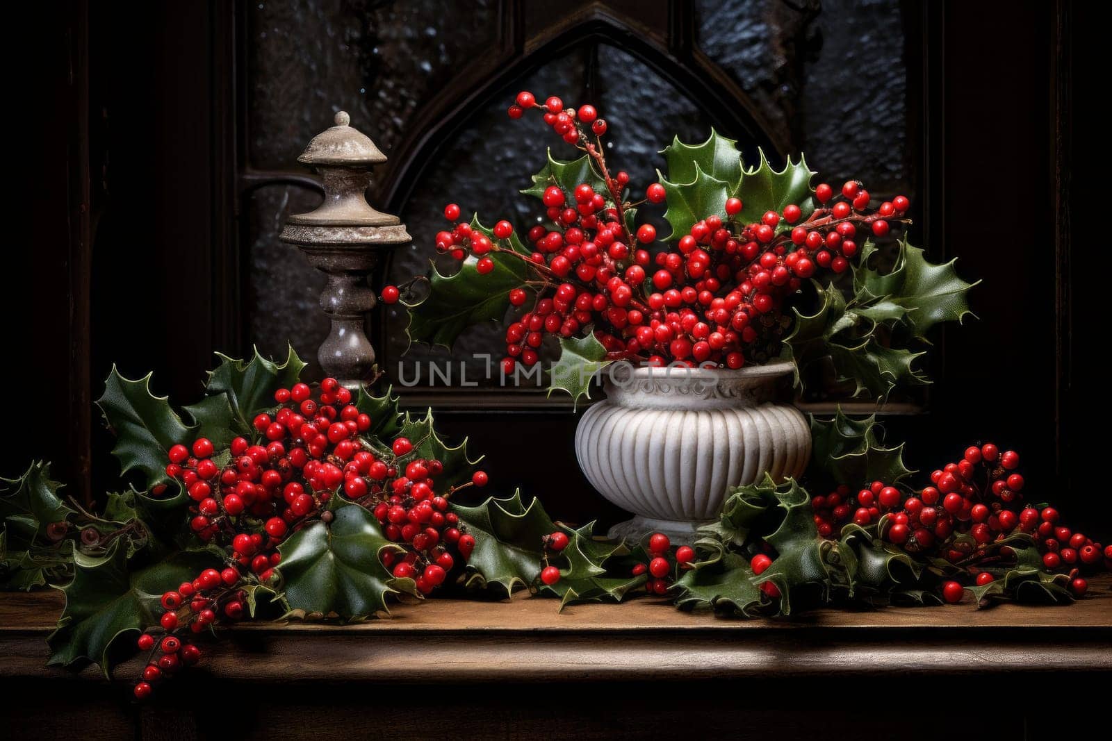 White vase filled with holly and red berries. Generative AI