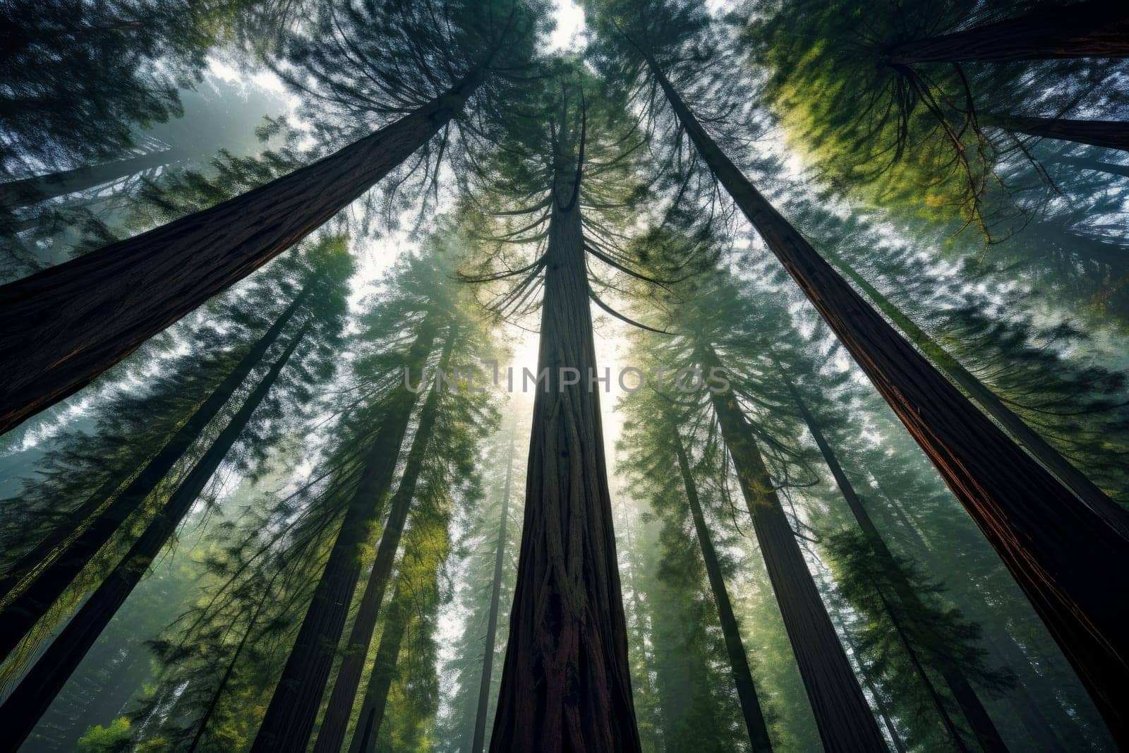 Redwoods Forming Canopy in Forest. Generative AI