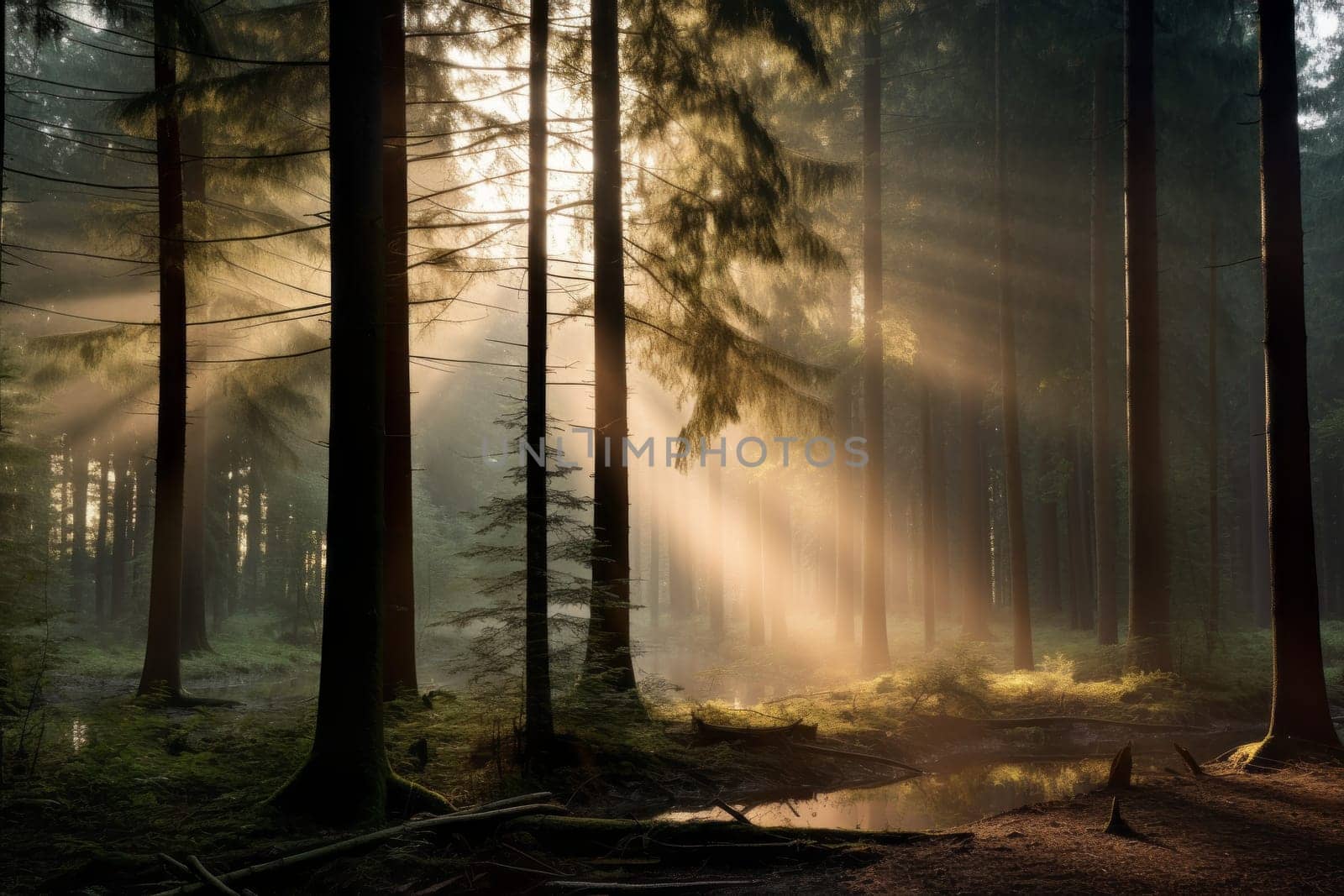 Misty Clearing with Sunbeams. Generative AI