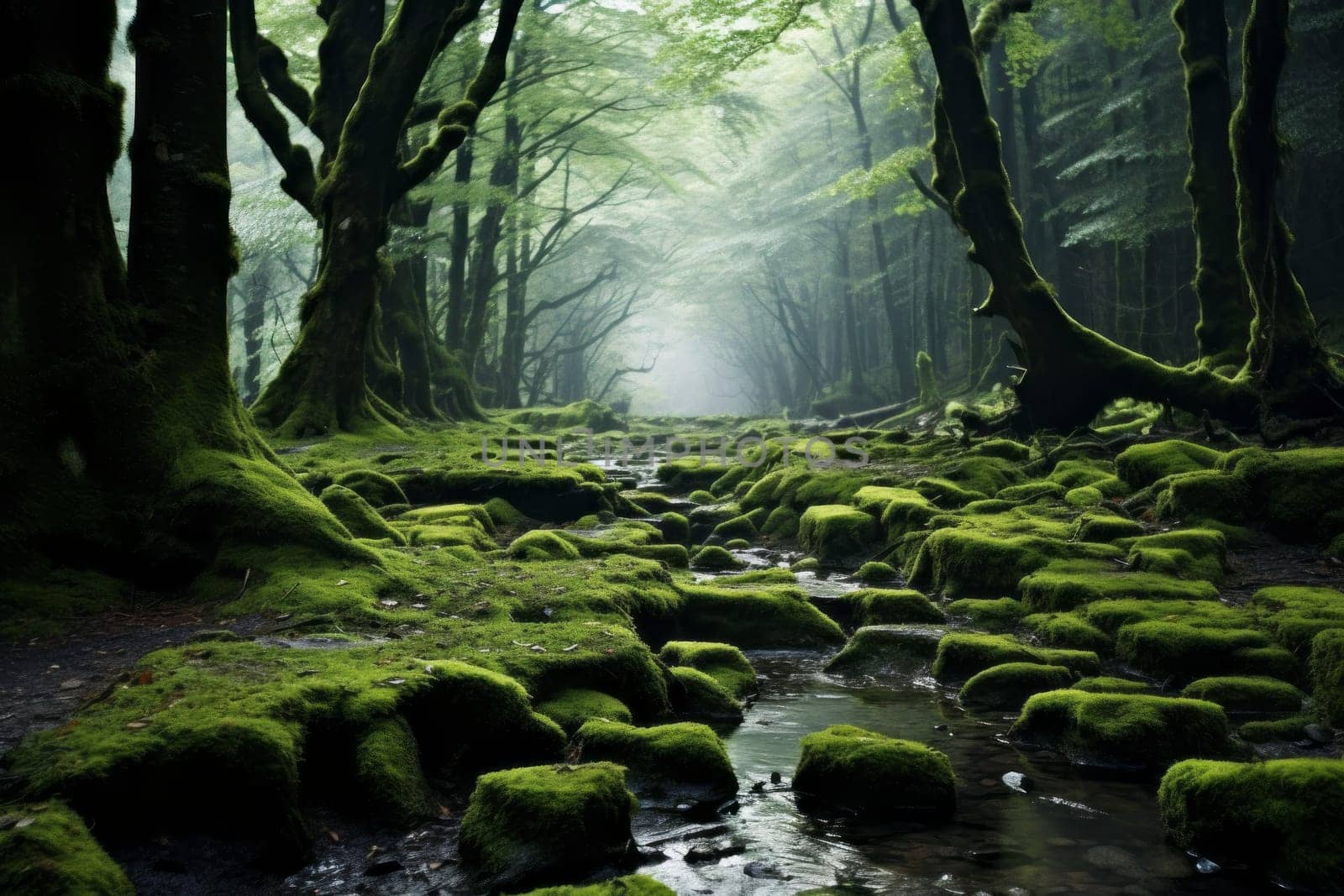 Moss-Covered Forest Floor Landscape Background. Generative AI