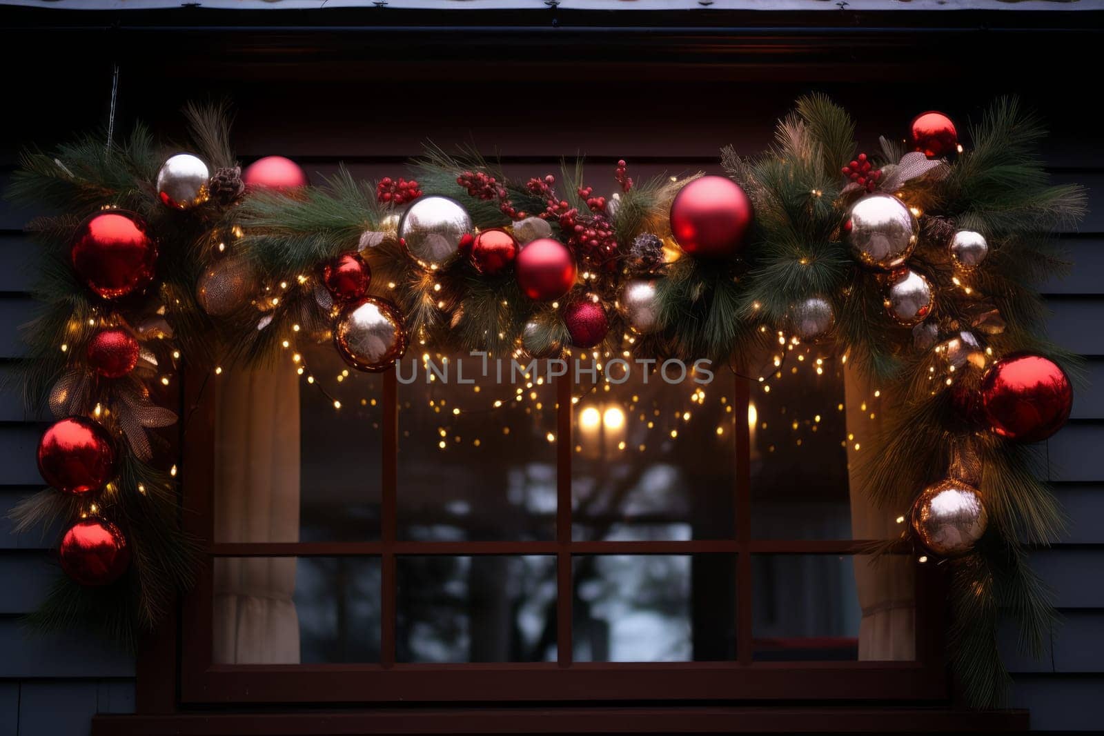 Holiday garland with lights and ornaments. Generative AI