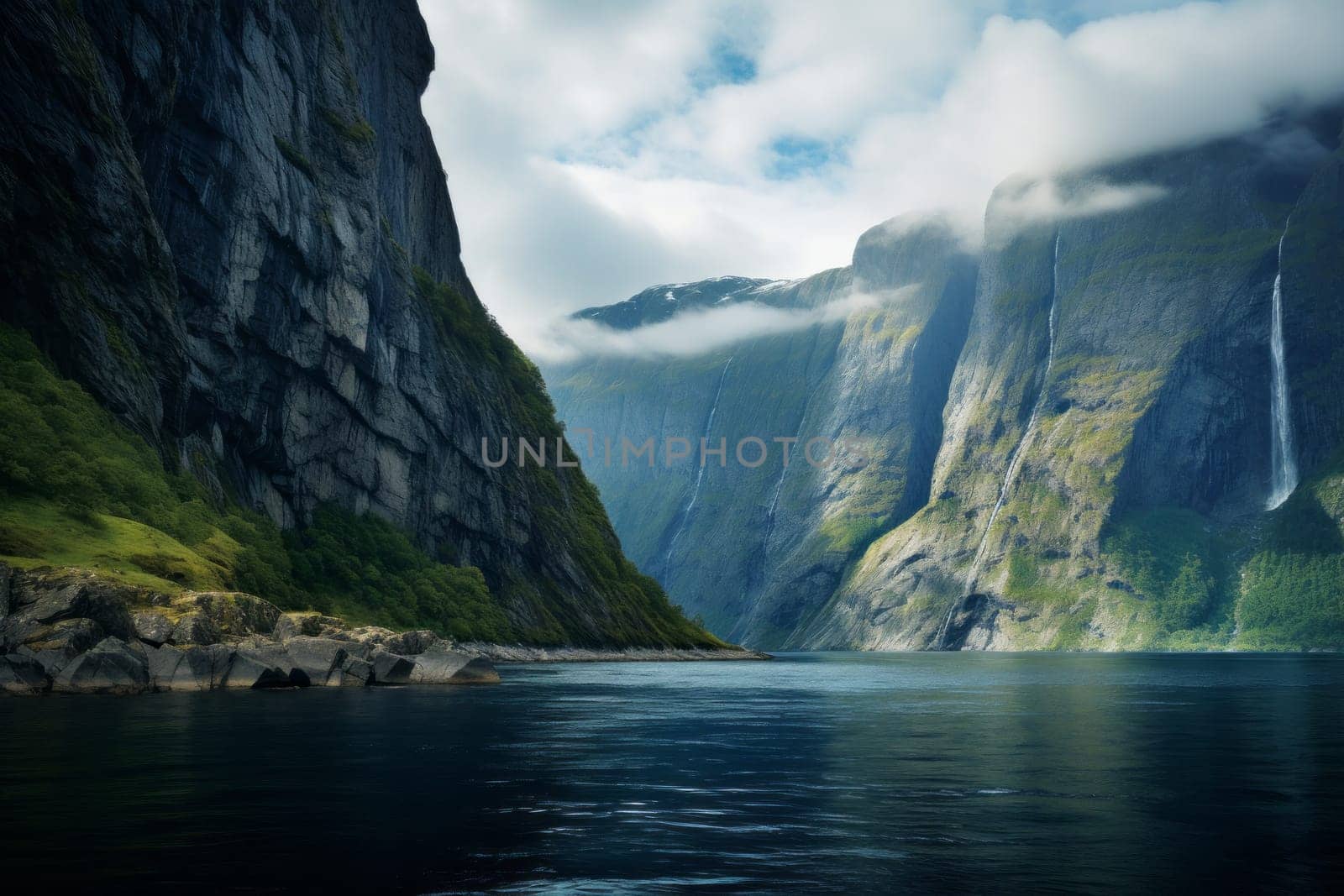 Majestic Fjord with Calm Blue Waters. Generative AI