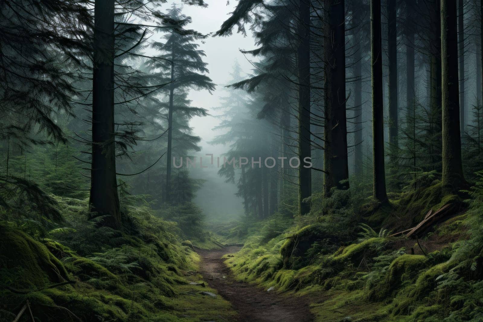 Misty forest landscape that invites exploration. Generative AI