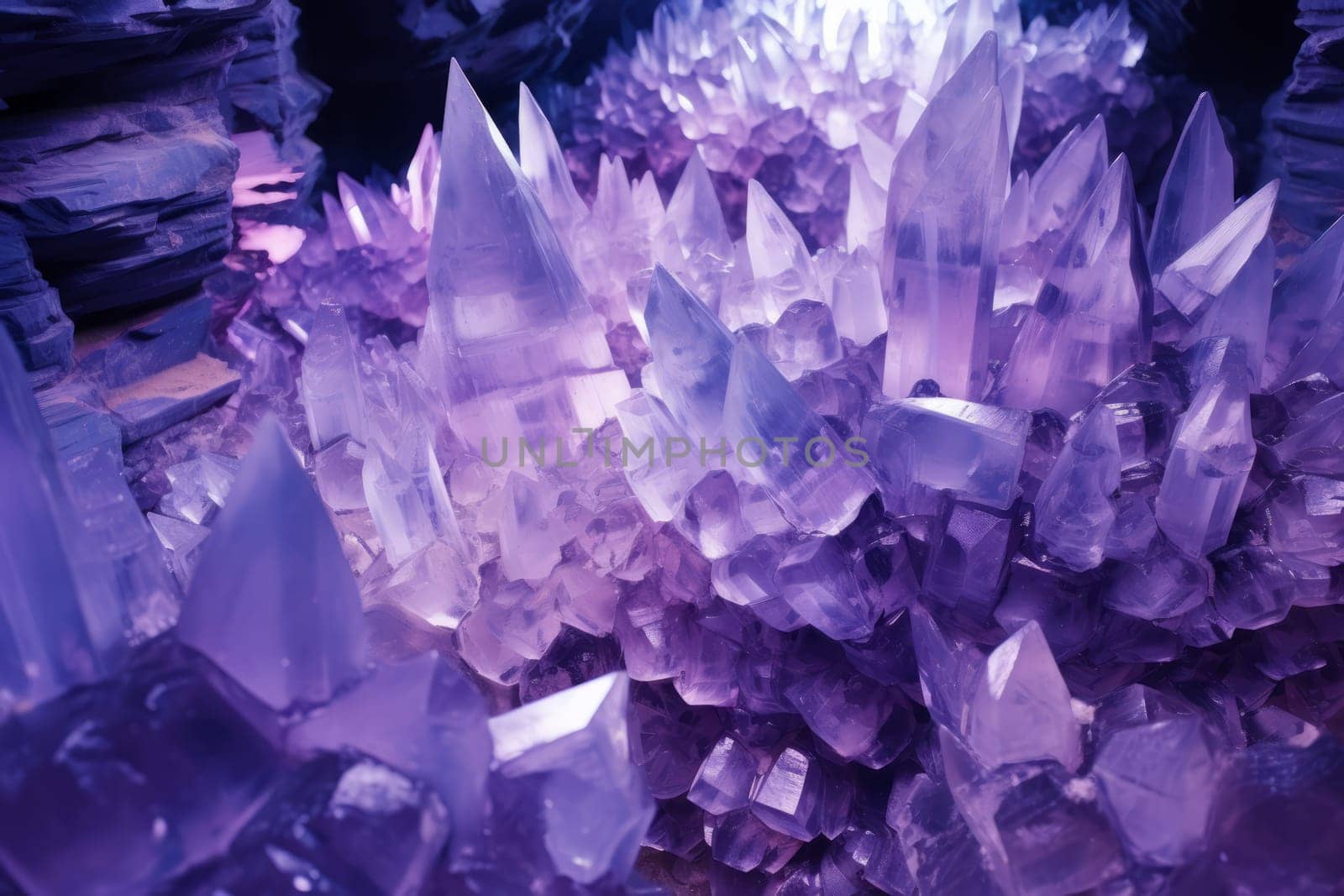 Stunning cluster of purple crystals on a rocky surface. Generative AI