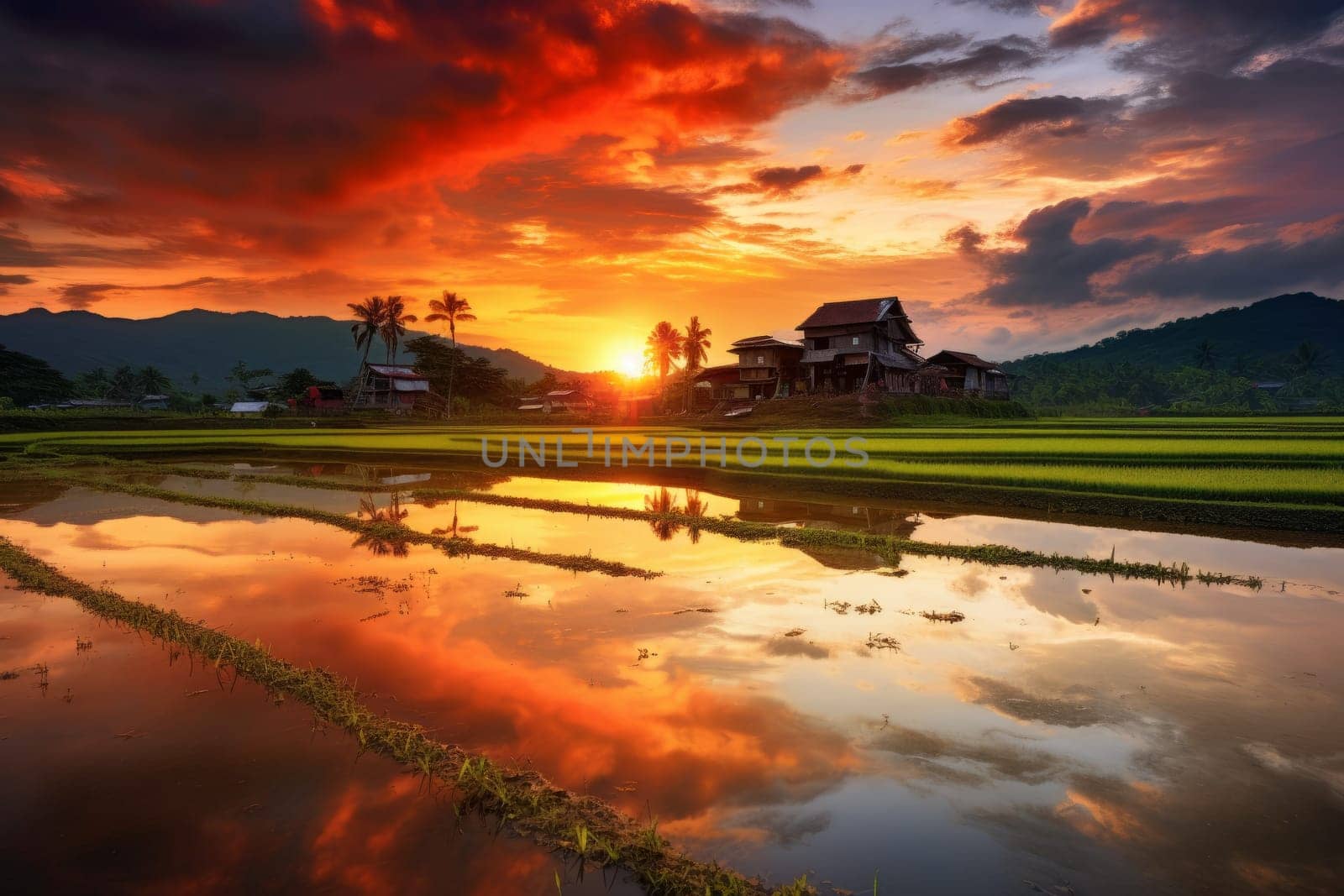 Paddy fields reflecting the warm hues of sunset. Generative AI