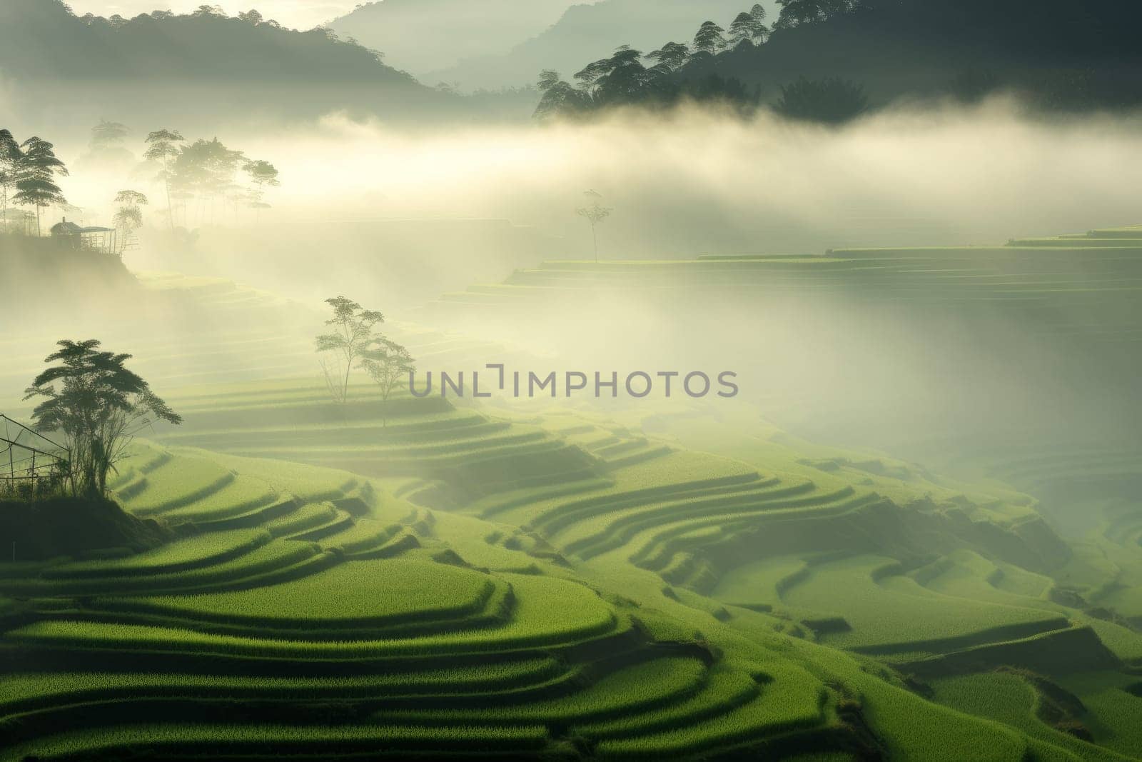 Paddy fields blanketed in mist. Generative AI
