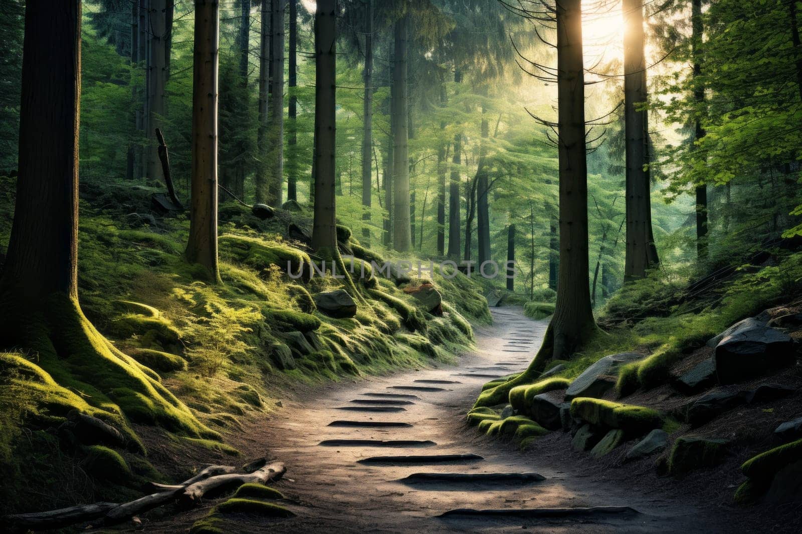 Winding Path Through Serene Forest. Generative AI