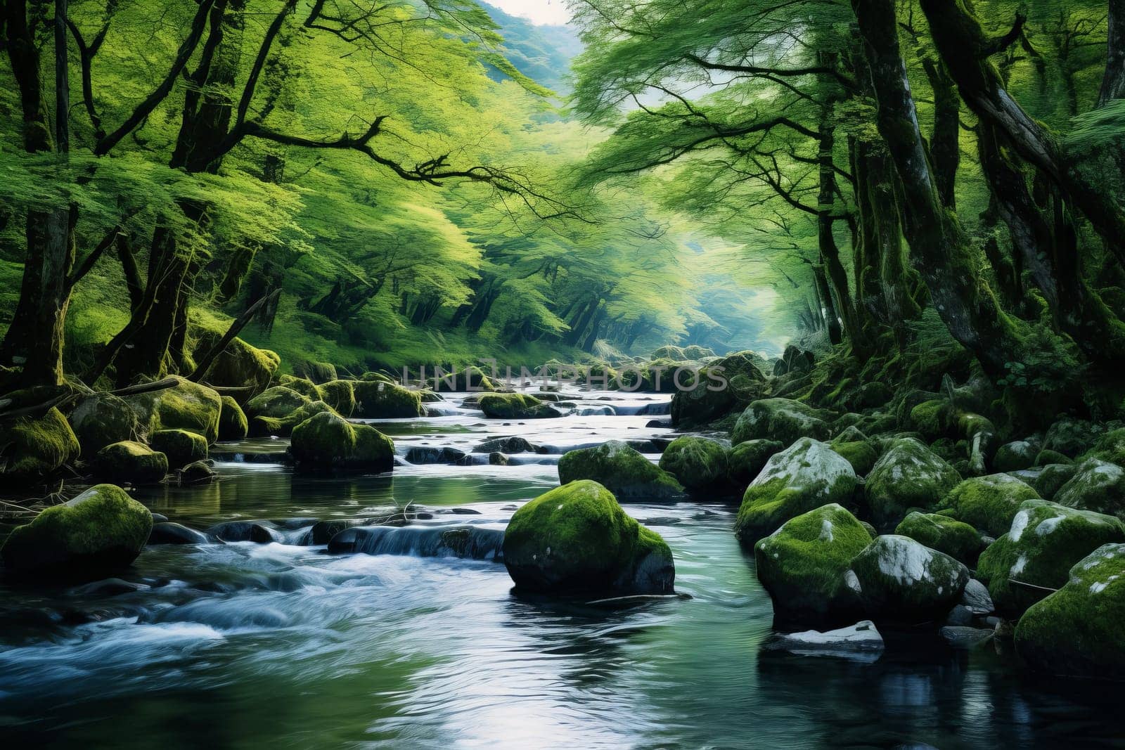 Pristine river flowing gently through a picturesque natural. Generative AI