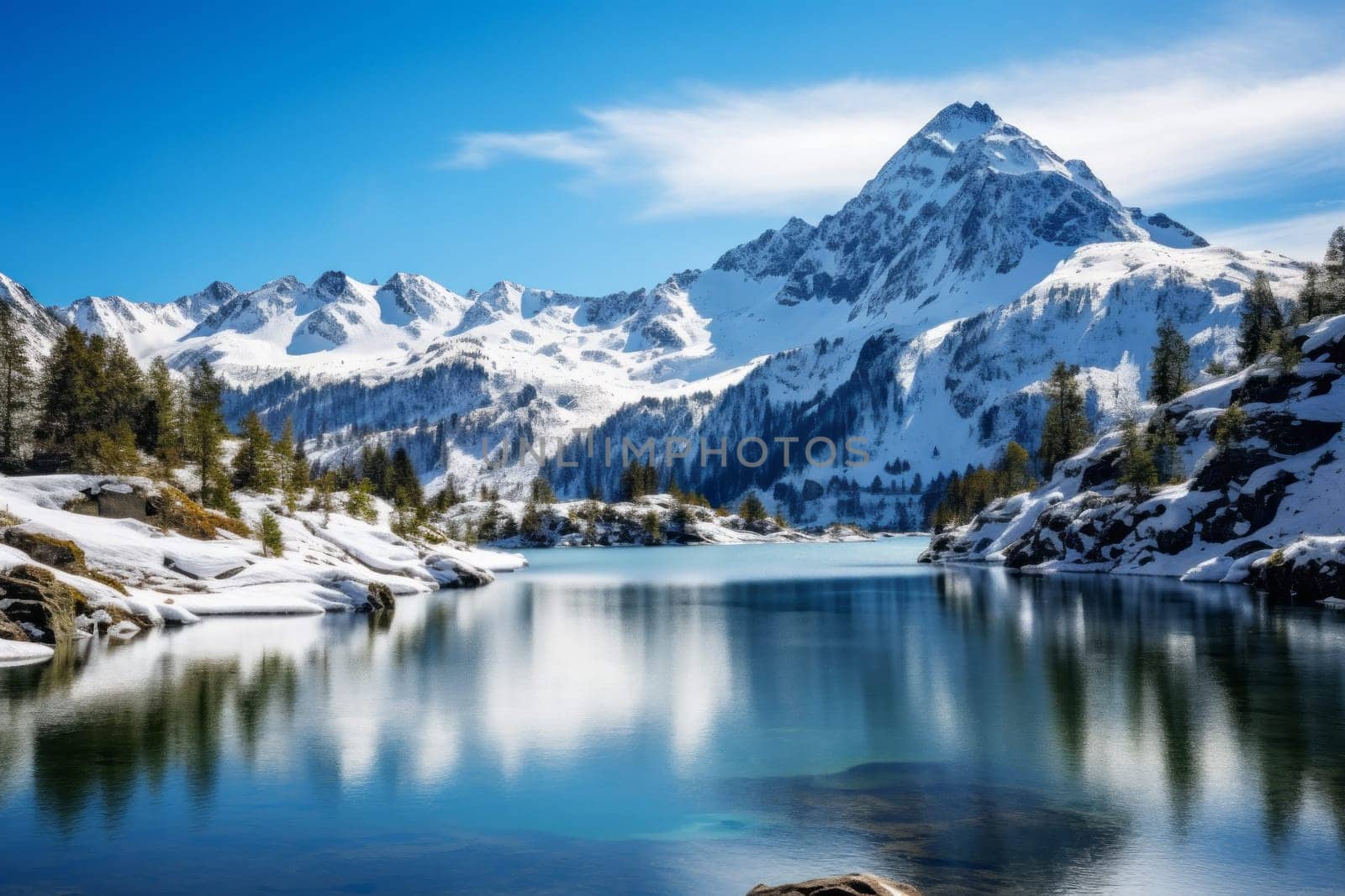 Pristine Alpine Lake Amid Snowy Peaks. Generative AI