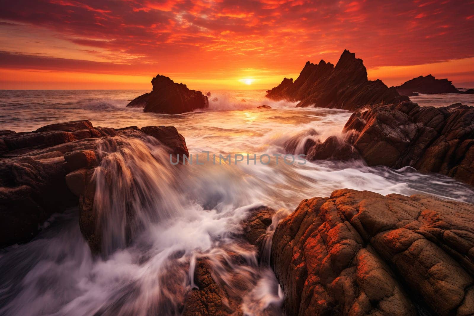 Rocky coastline and crashing waves. Generative AI