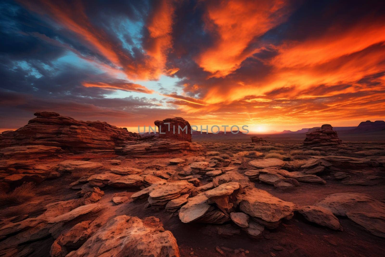 Rocky desert landscape during sunset. Generative AI