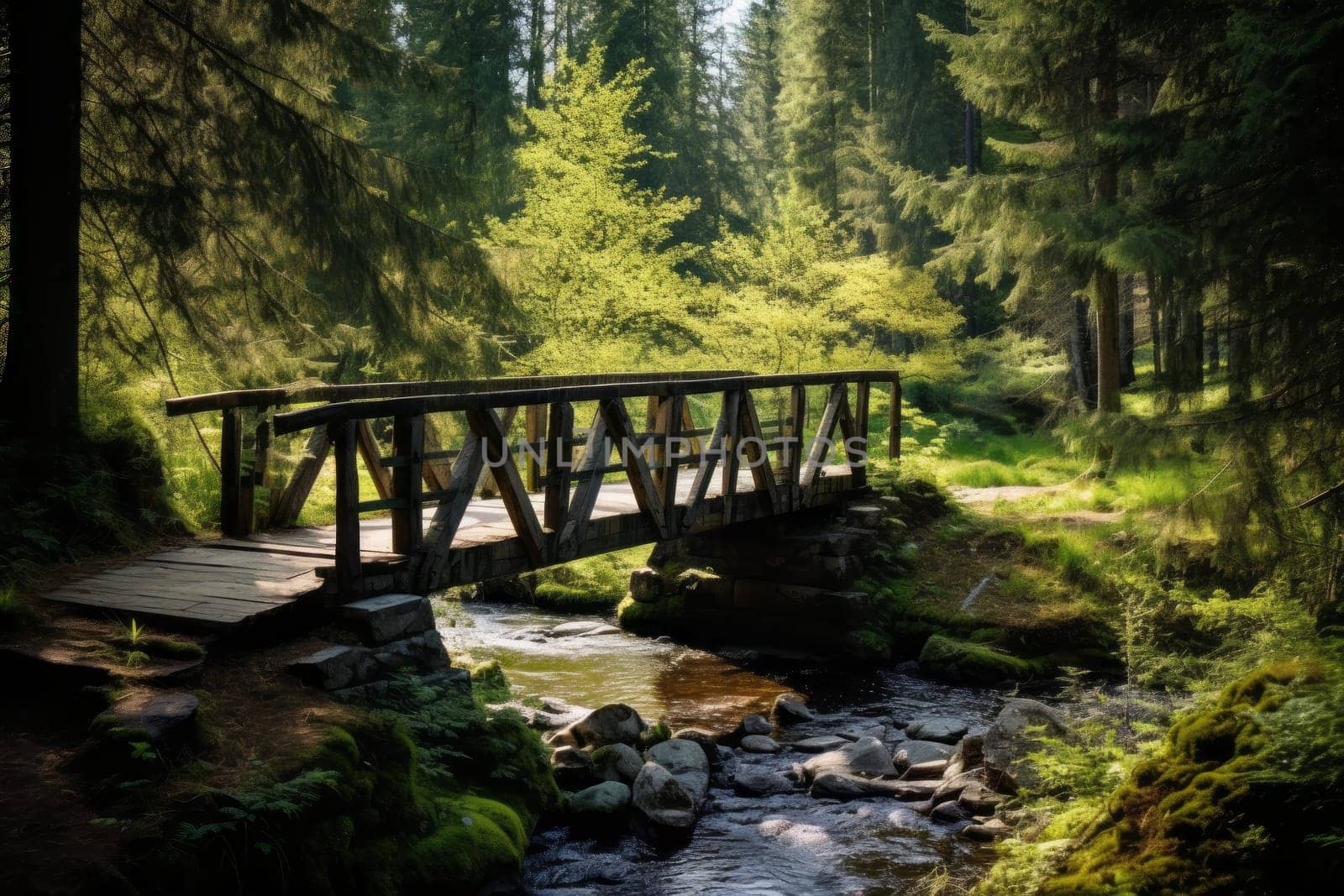Wooden Bridge Over Quiet Stream in Forest. Generative AI