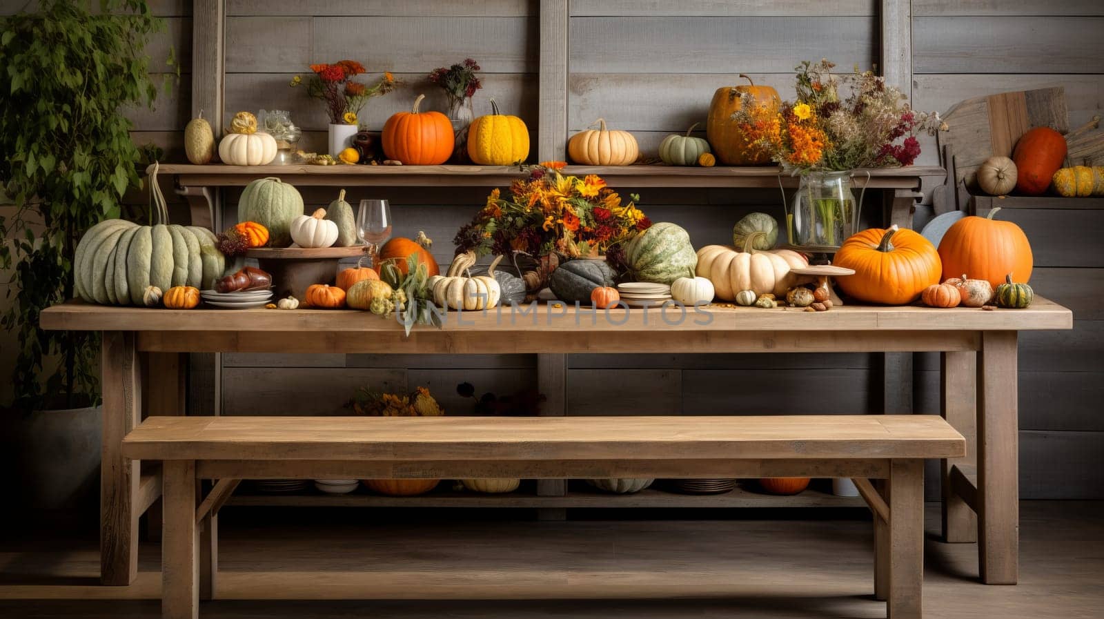 Rustic farmhouse table adorned with pumpkins. Generative AI