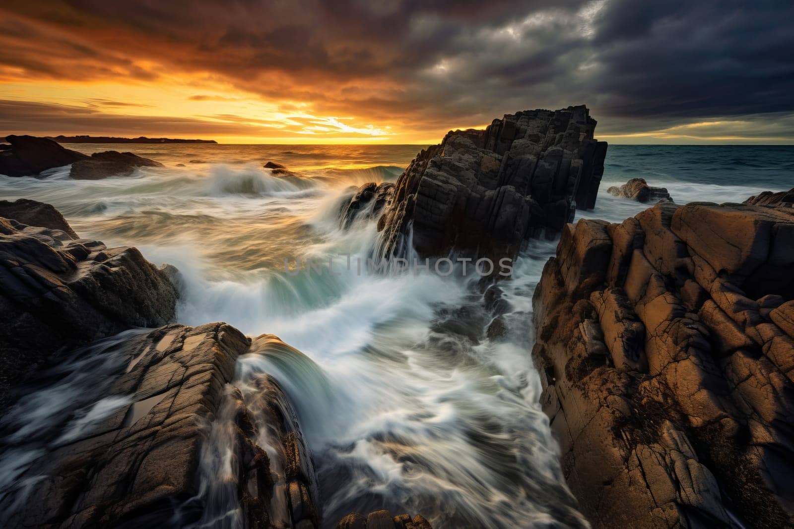 Rocky shoreline meeting crashing waves. Generative AI