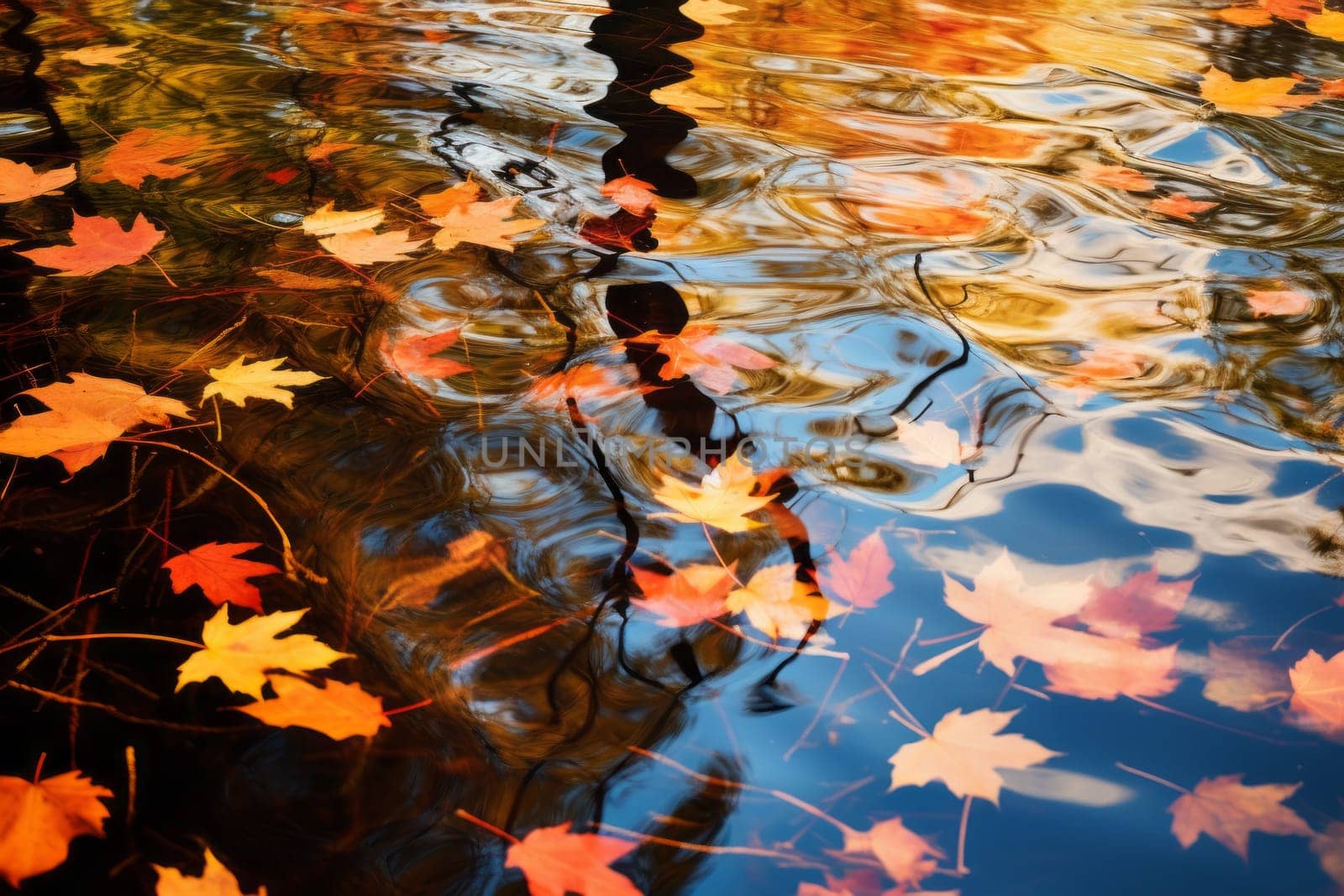 Reflective Water with Fall Foliage Colors. Generative AI