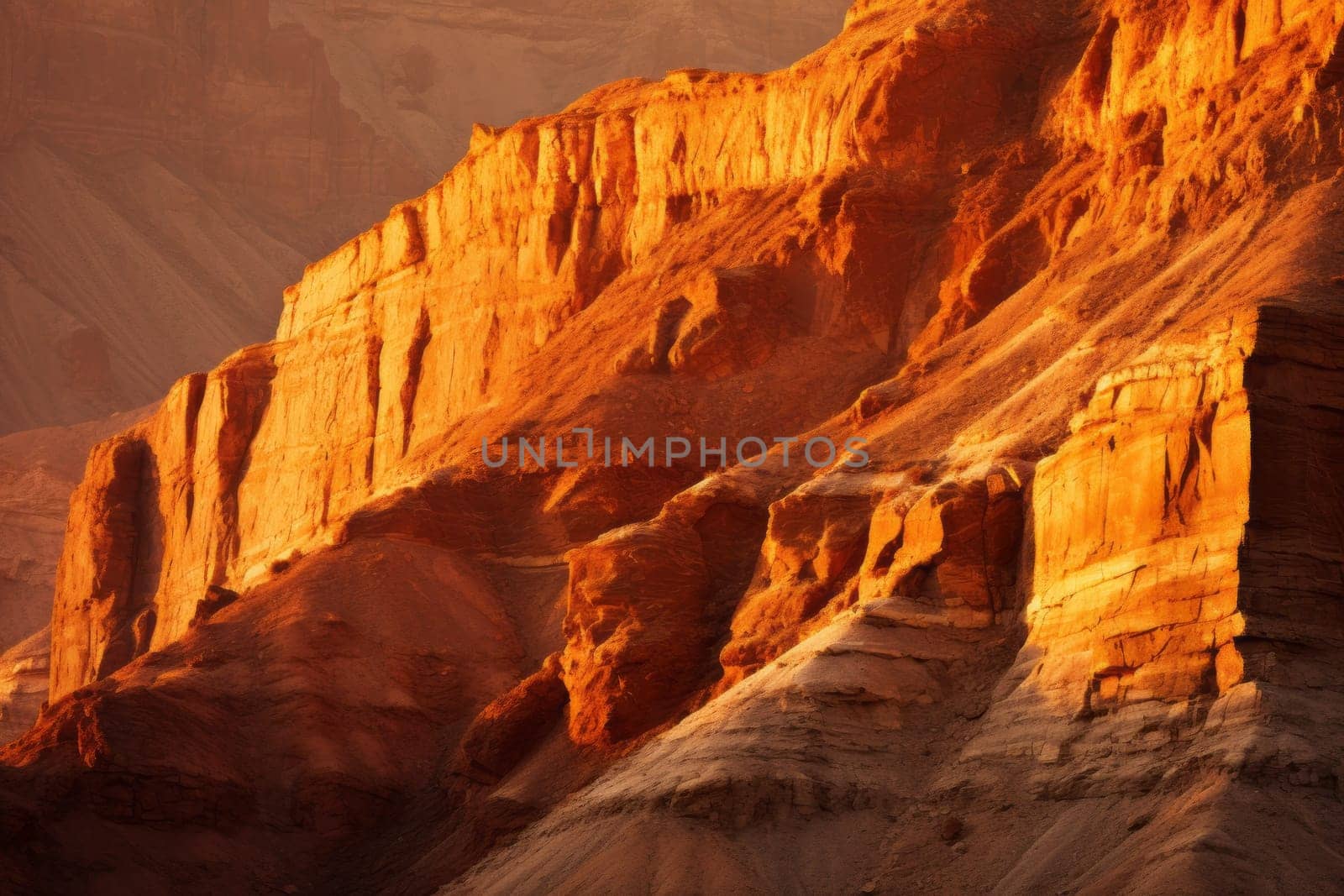 Rugged canyon walls glowing under the warm light. Generative AI