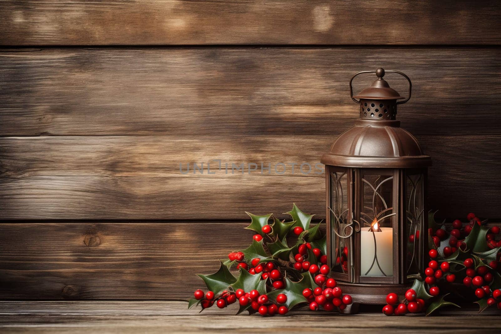 Rustic wooden background with holly berries. Generative AI