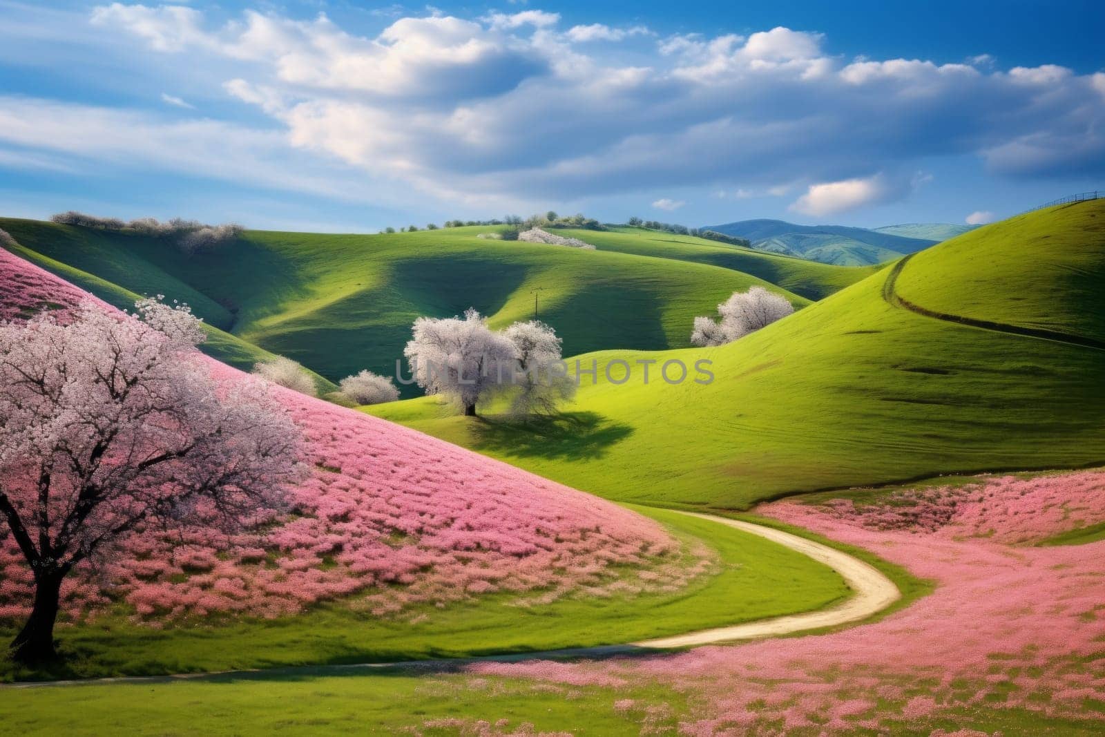 Rolling hills painted with the colors of spring. Generative AI