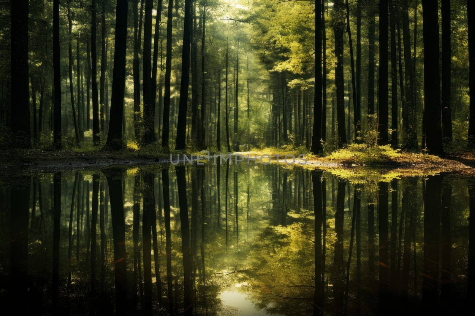 Reflective Pond in Calm Forest. Generative AI