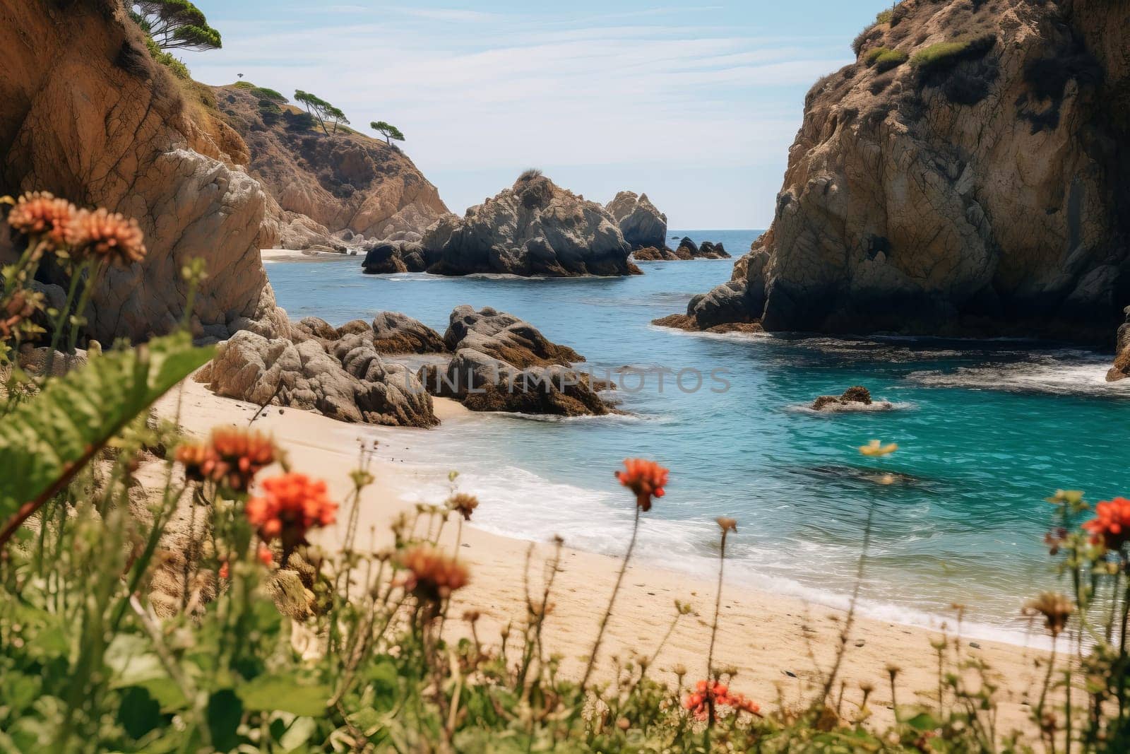 Secluded beach framed by rocky cliffs. Generative AI