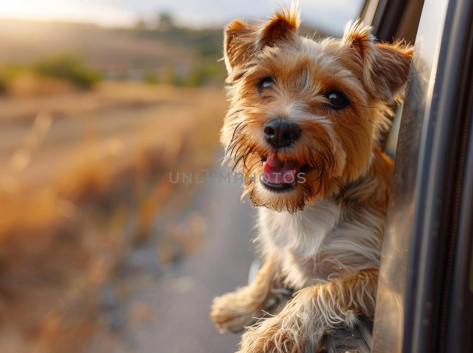 Witness the sheer happiness of a canine companion as it hangs out the car window, reveling in the freedom of a desert road trip set against the breathtaking backdrop of a vibrant sunset. This charming photo captures the pure delight of travel and companionship.