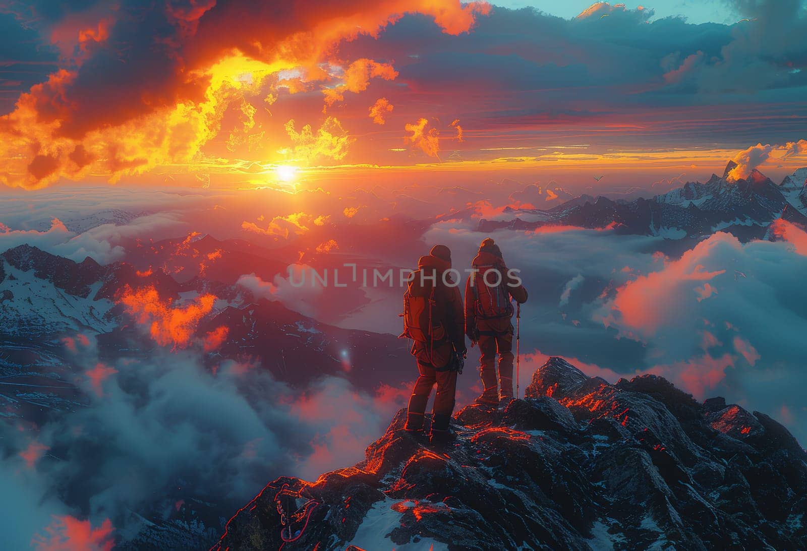 Amidst the breathtaking expanse of a mountain landscape, two hikers unite in their ascent to the summit, their silhouettes illuminated by the warm glow of the setting sun. A scene of camaraderie and triumph against the backdrop of dramatic natural beauty.