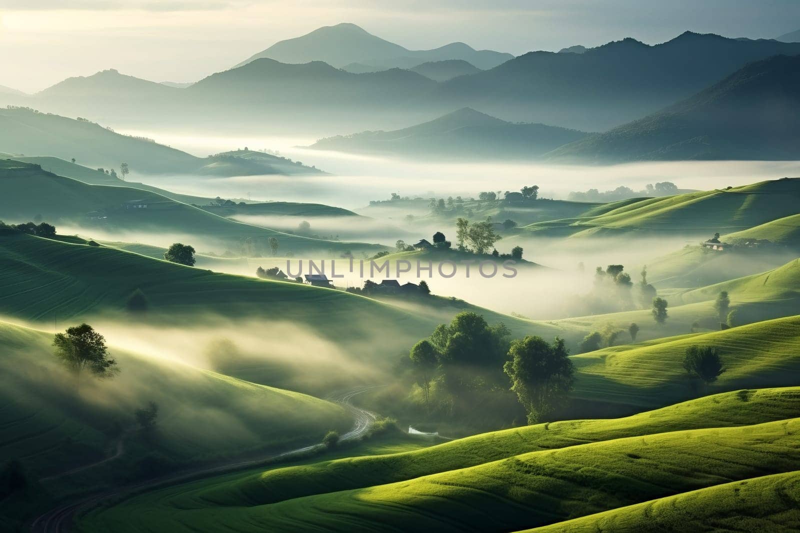 Rolling countryside blanketed in mist. Generative AI