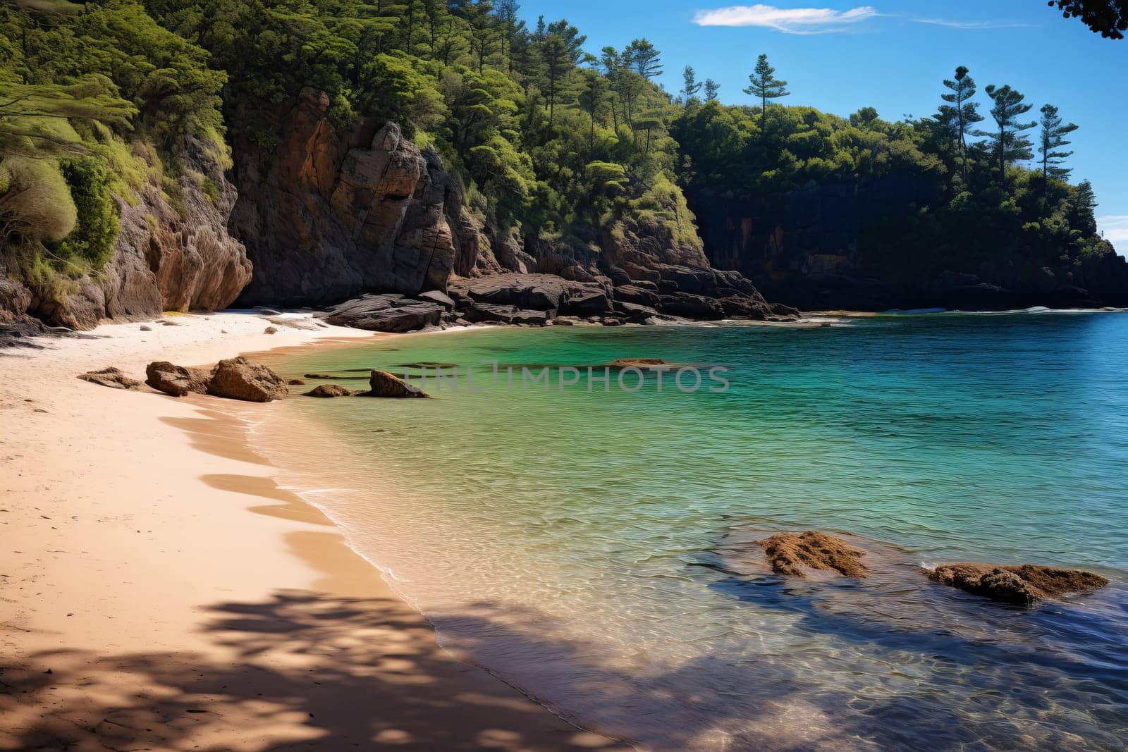 Secluded cove with crystal clear waters and sandy shore. Generative AI