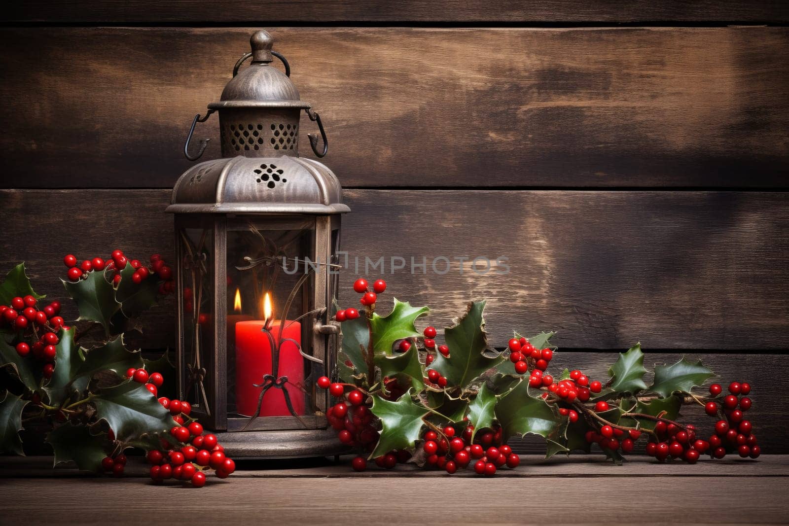 Rustic wooden background with holly berries. Generative AI