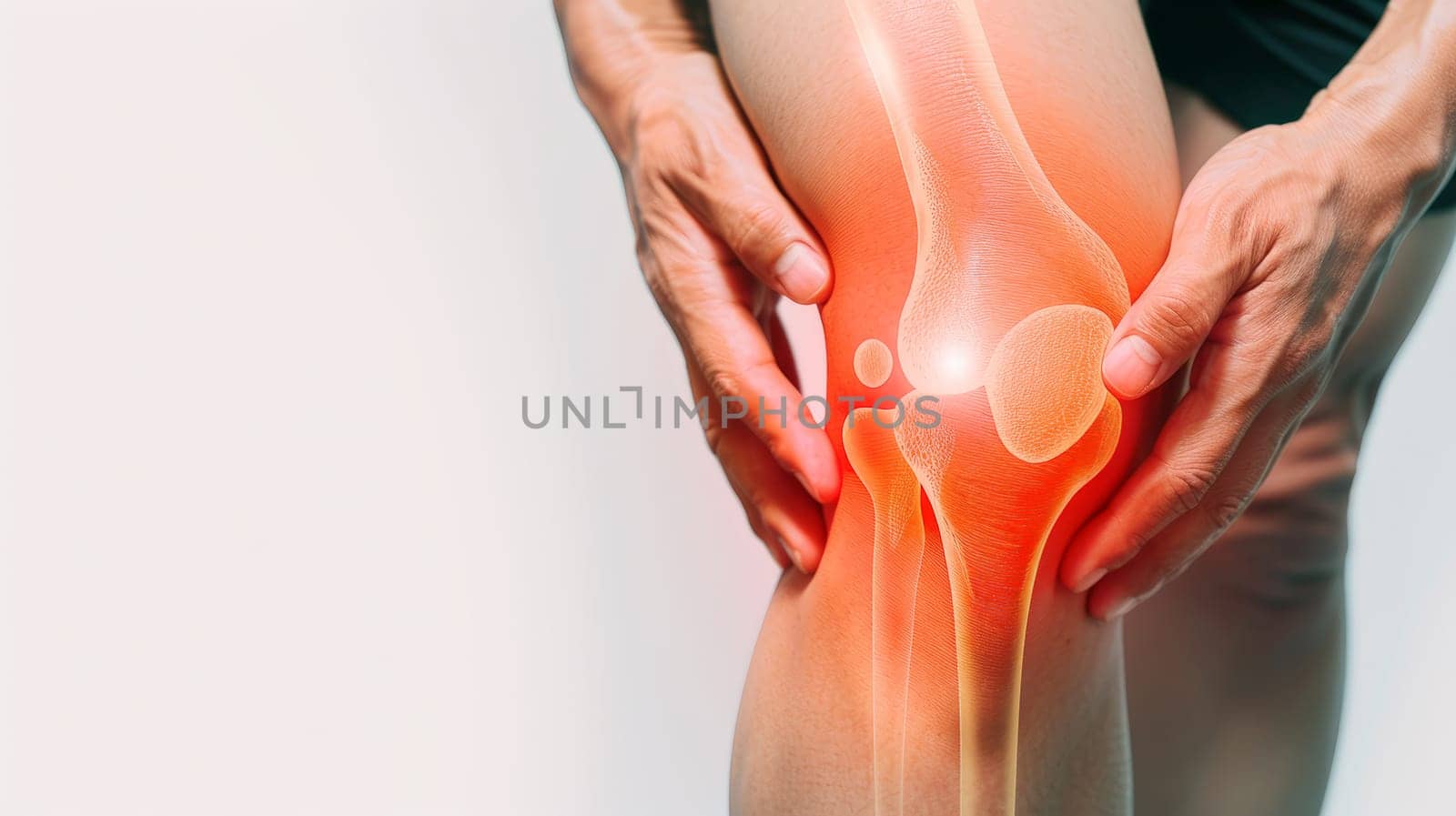 In this medical concept photo, a glowing spine illuminates the area of the knee, symbolizing discomfort and pain. Against a pristine white background, the red light draws attention to the affected region, highlighting the importance of understanding and addressing knee-related issues.
