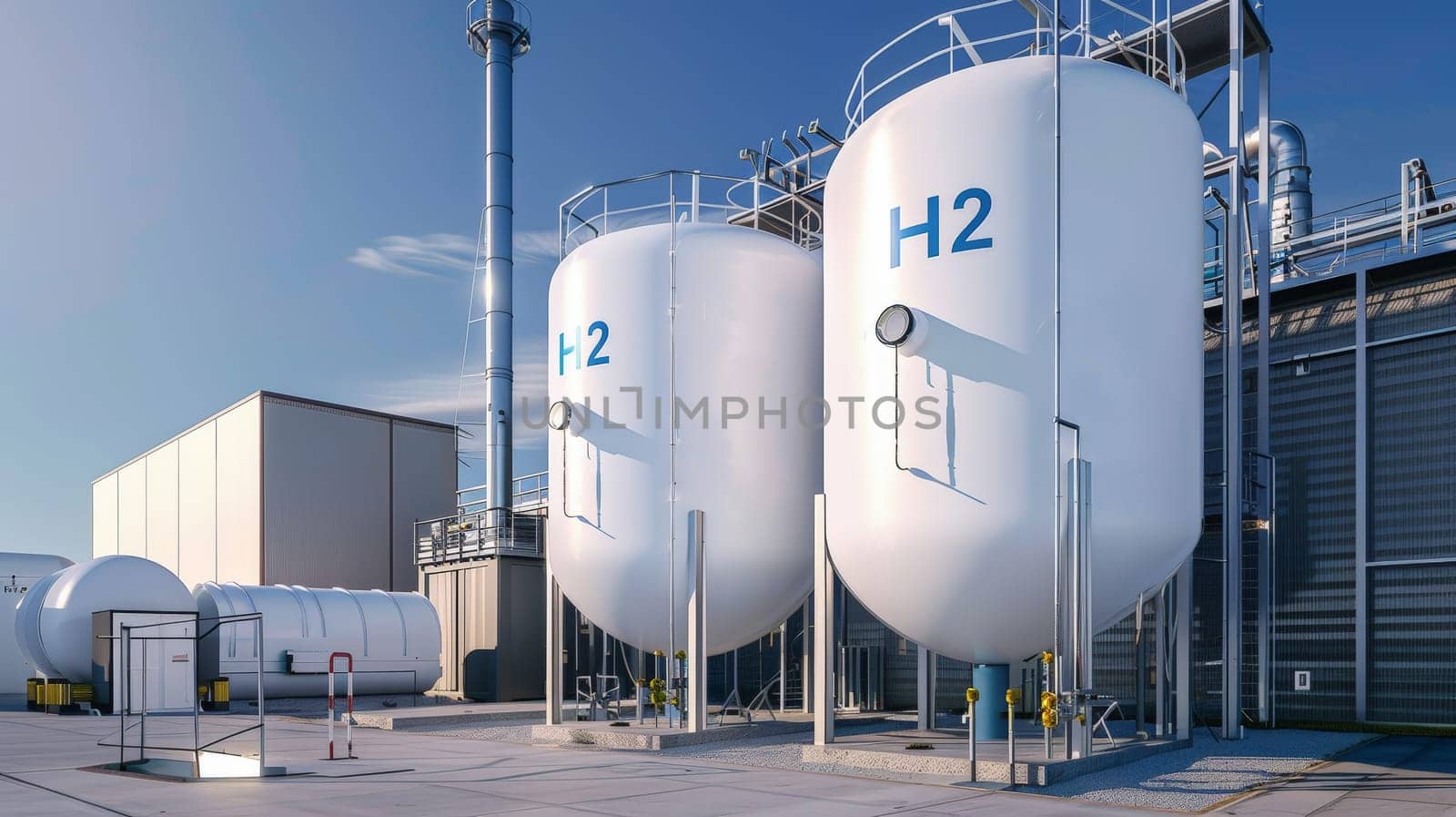 Explore the cutting-edge world of hydrogen production with this striking photo of modern 'H2' facilities. The 3D processing creates a sense of depth, while soft shadows add dimensionality. The clean and minimalistic design, captured with digital photography, showcases the sleek and efficient nature of hydrogen technology.