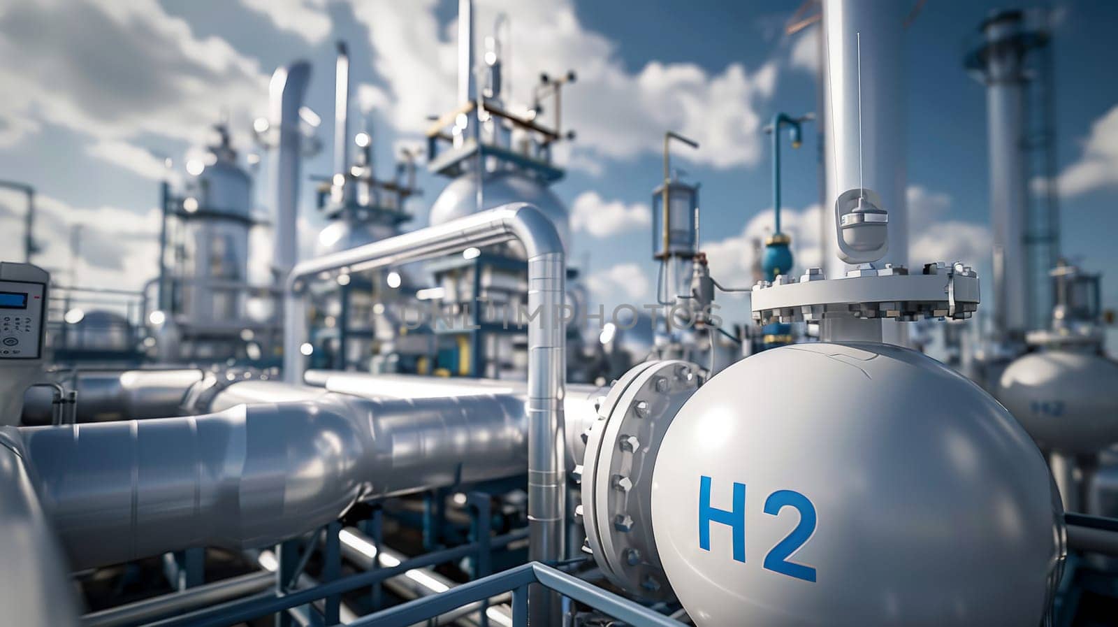 Explore the cutting-edge world of hydrogen production with this striking photo of modern 'H2' facilities. The 3D processing creates a sense of depth, while soft shadows add dimensionality. The clean and minimalistic design, captured with digital photography, showcases the sleek and efficient nature of hydrogen technology.