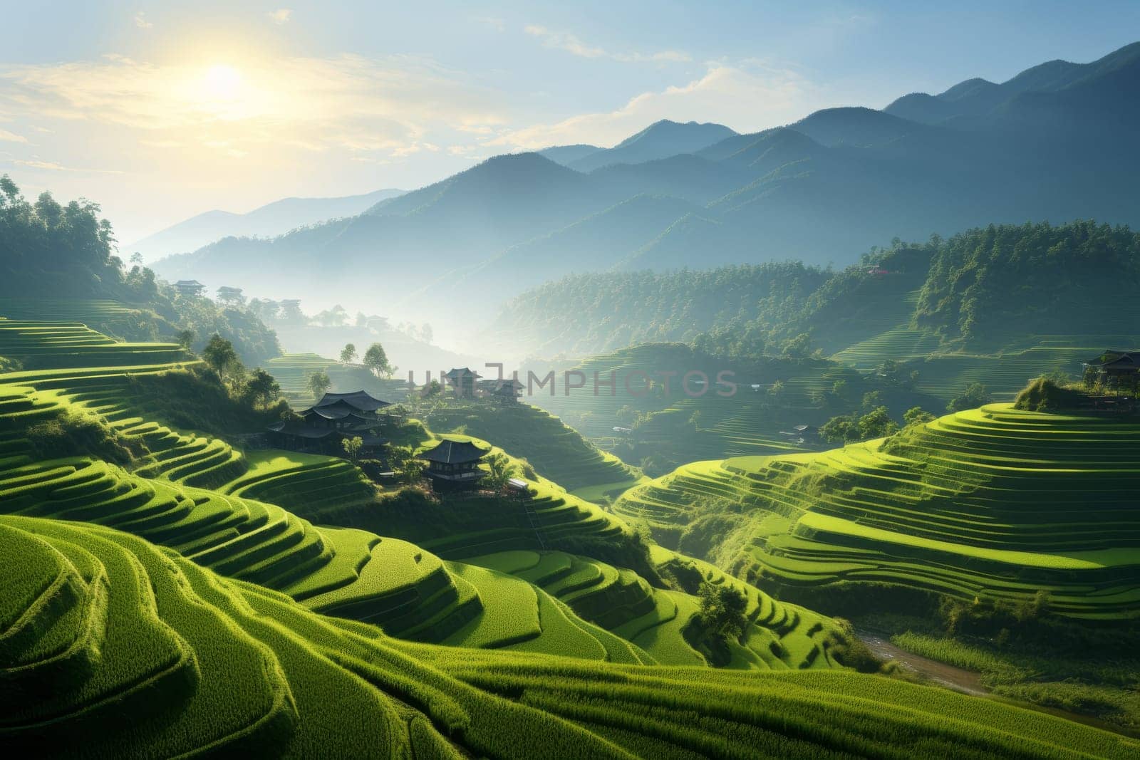 Serene countryside view with terraced paddy fields. Generative AI