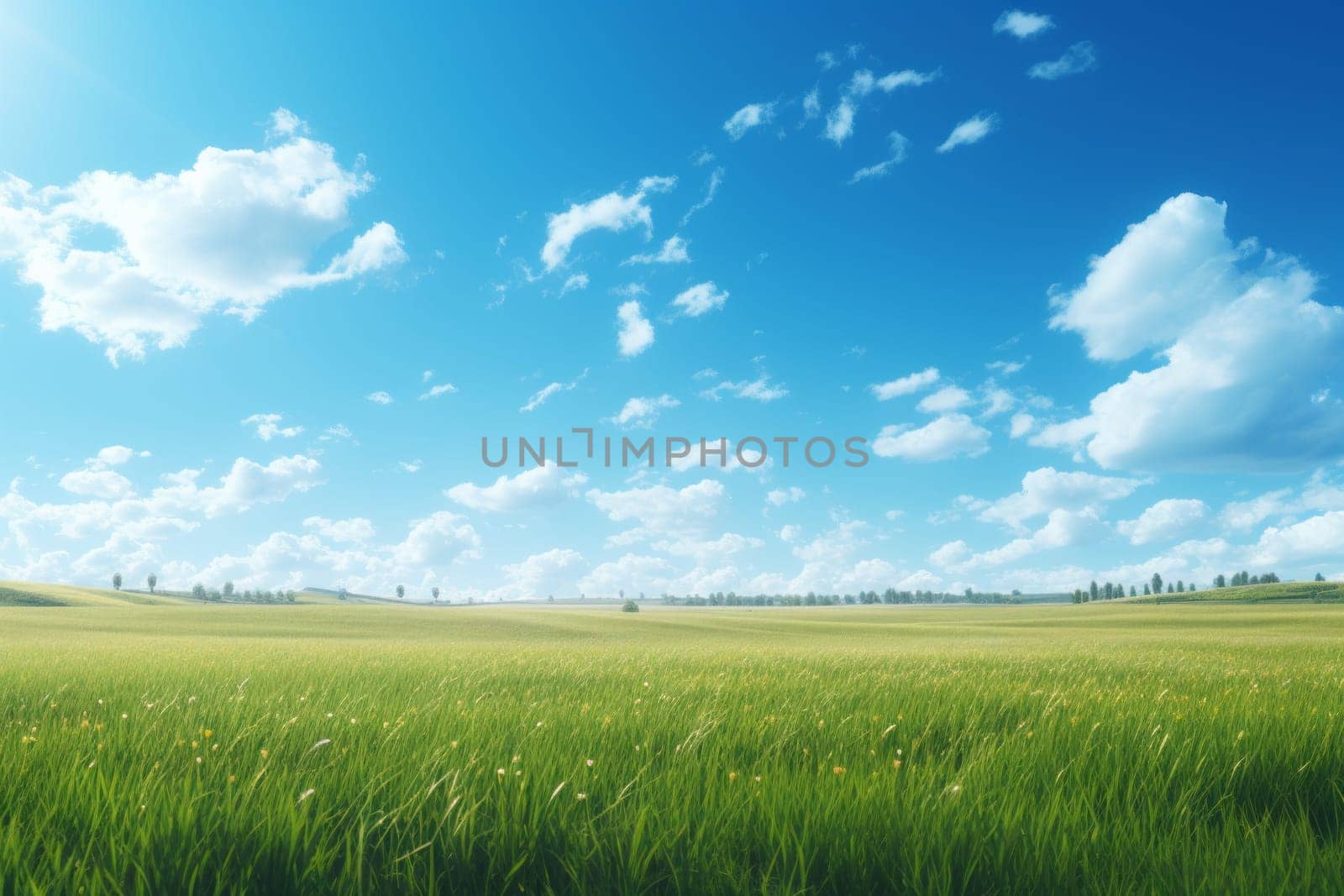 Sun-Kissed Field under Clear Sky. Generative AI