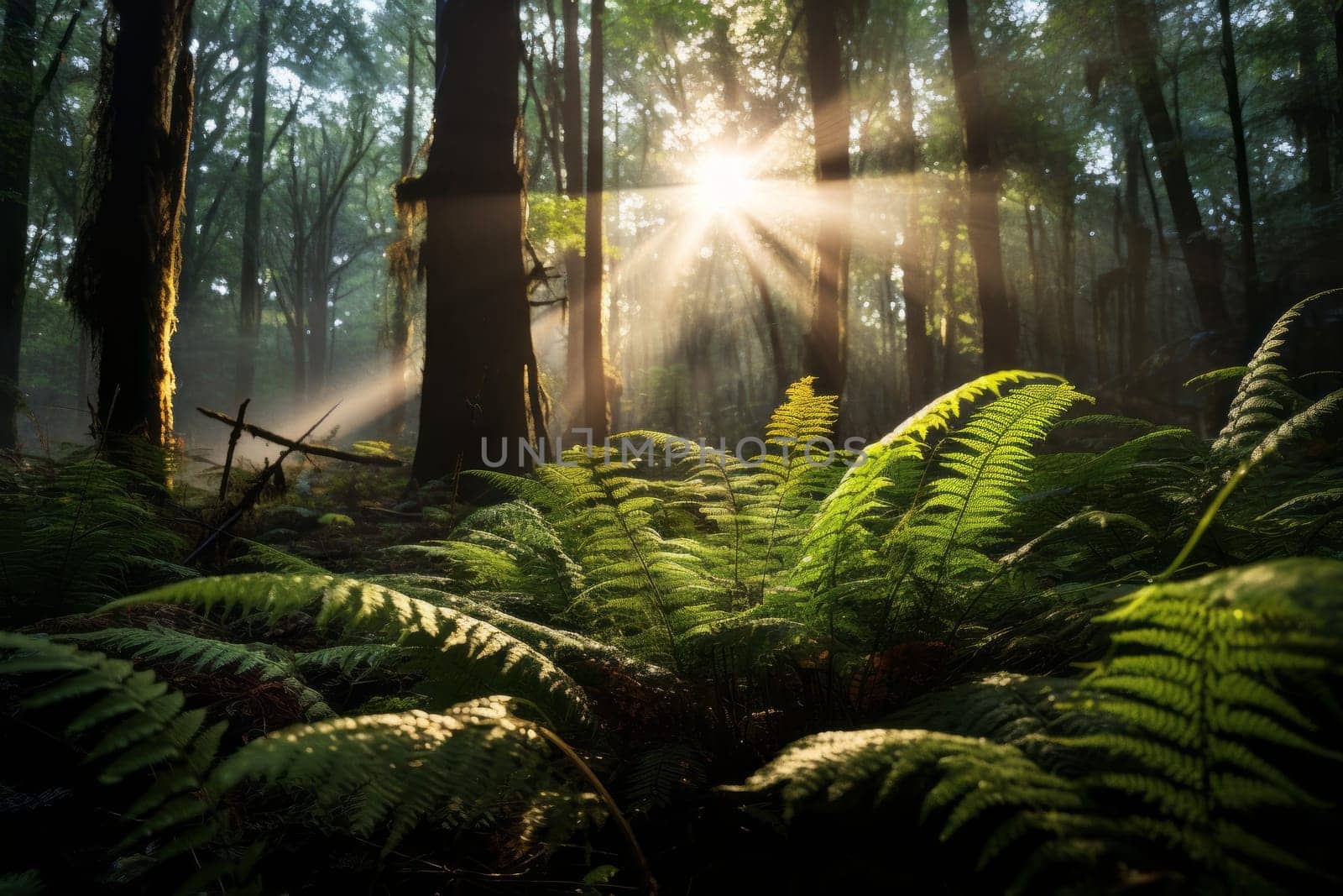 Sunlit Fern-Covered Forest Floor. Generative AI