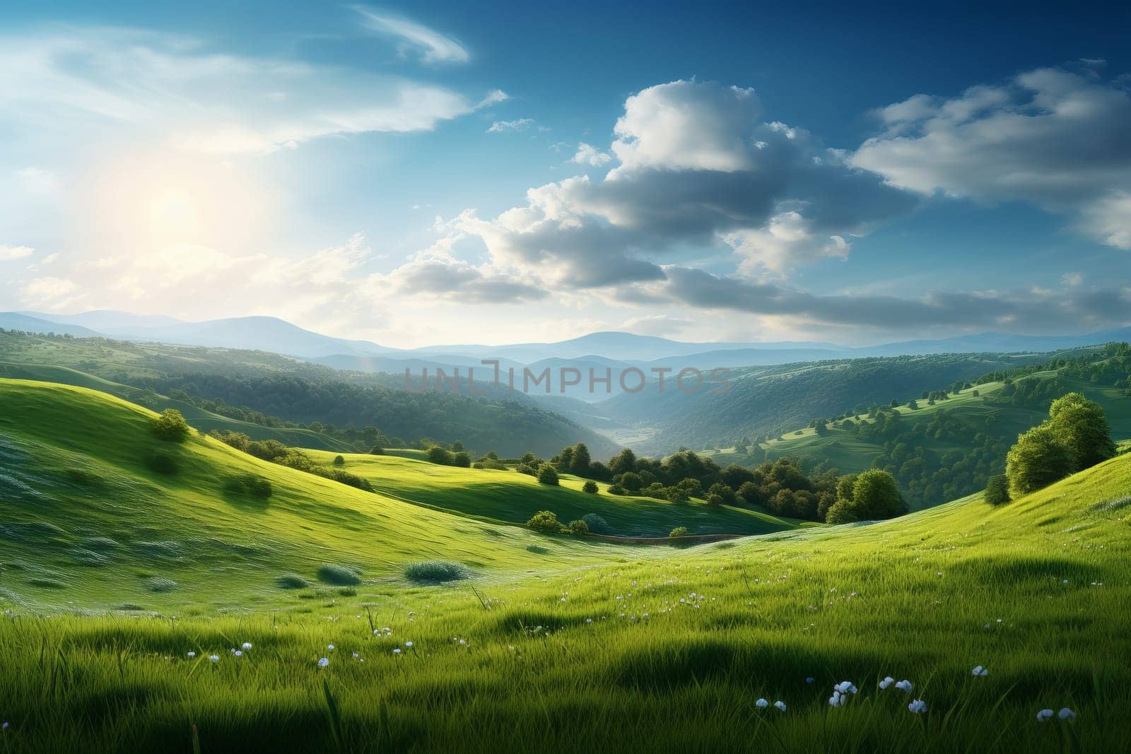Sunlit meadow and rolling hills serene natural landscape. Generative AI