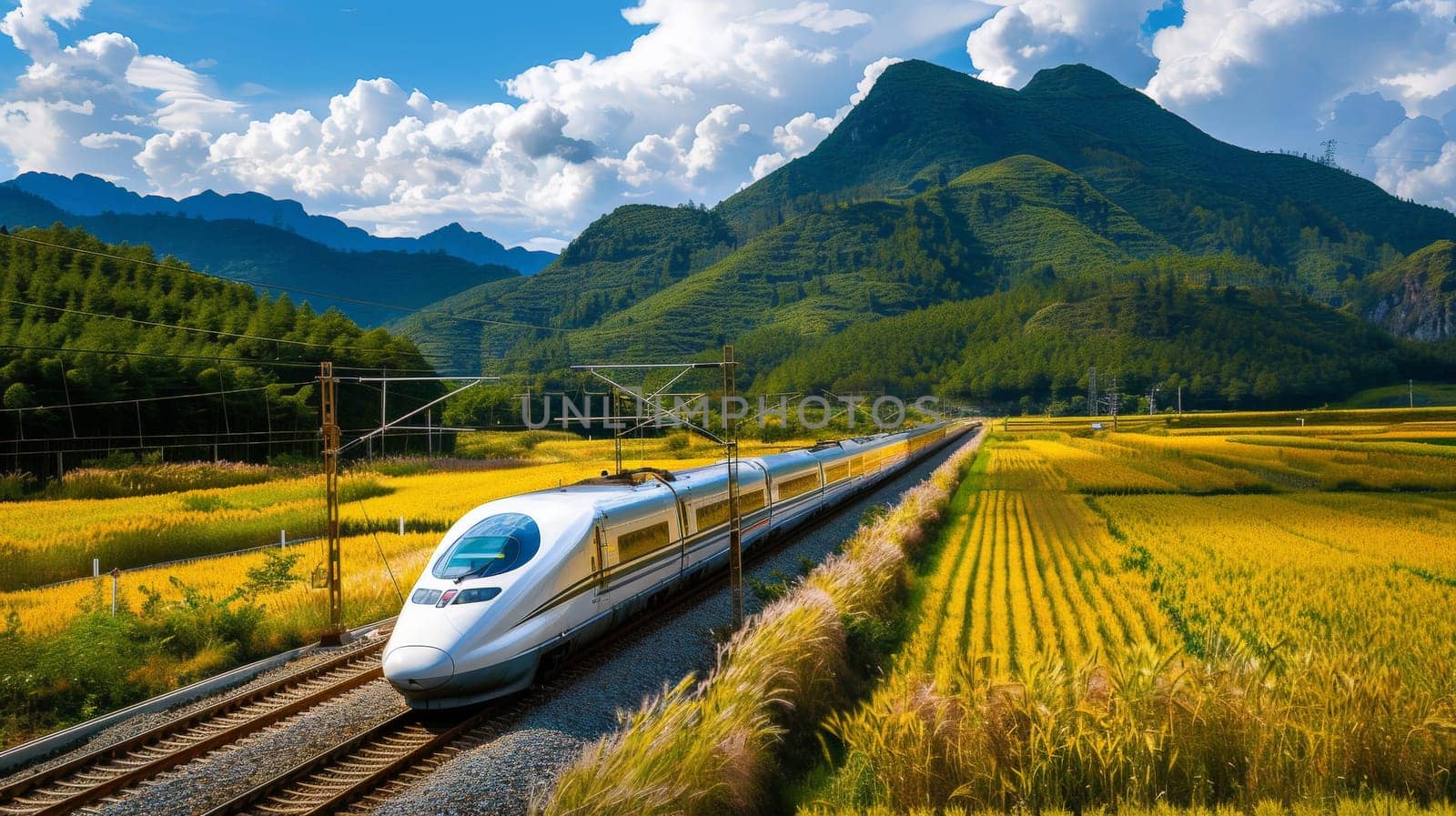 Capture the thrill of a high-speed train journey as it races through picturesque landscapes of golden wheat fields, lush forests, and tranquil rivers. The train's sleek form contrasts with the natural beauty of the surroundings, offering passengers a unique blend of modernity and nature's splendor.