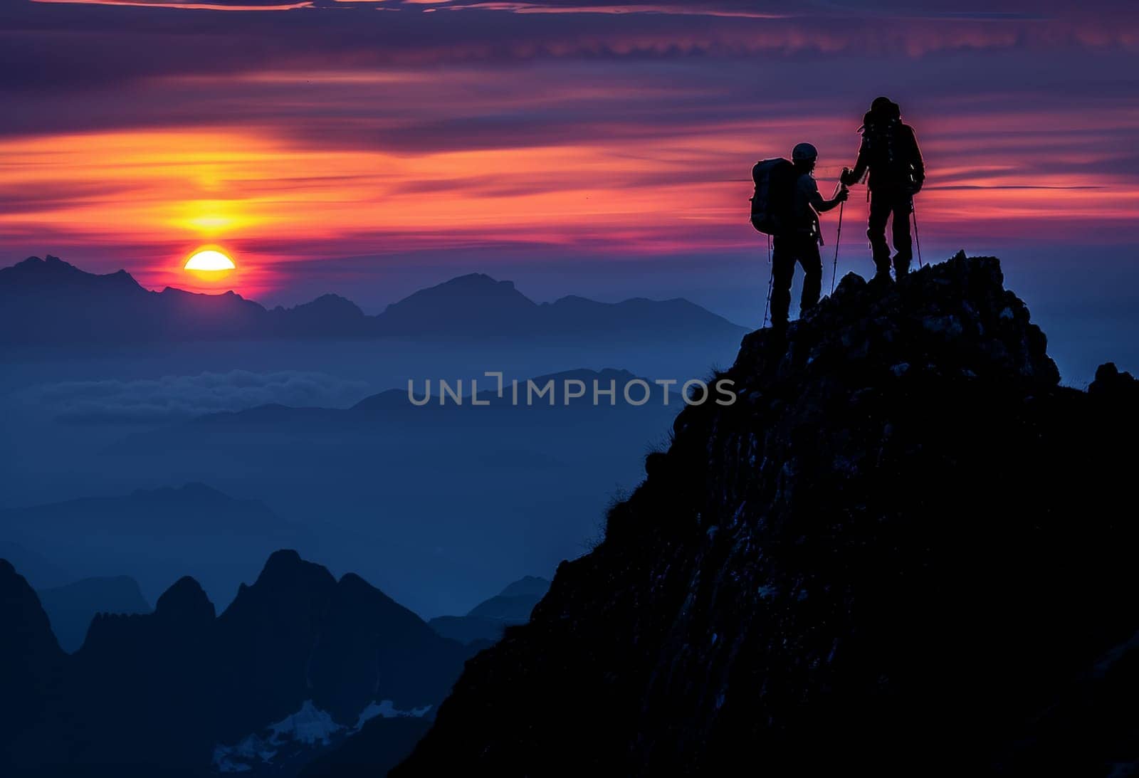 Amidst the breathtaking expanse of a mountain landscape, two hikers unite in their ascent to the summit, their silhouettes illuminated by the warm glow of the setting sun. A scene of camaraderie and triumph against the backdrop of dramatic natural beauty.