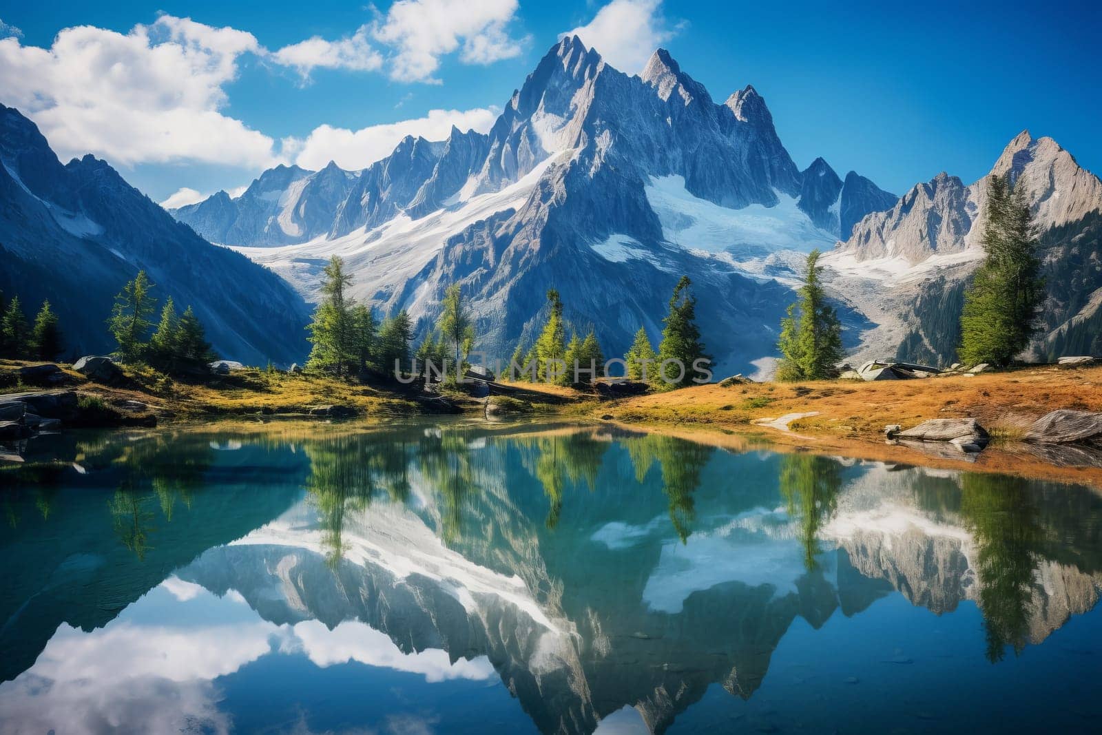 Towering peaks reflected in a glassy alpine lake. Generative AI