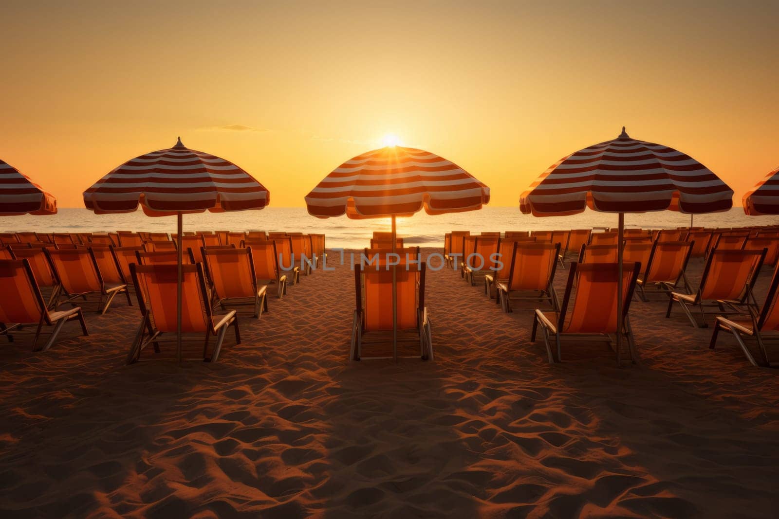 The sun peeking over a row of beach umbrellas. Generative AI