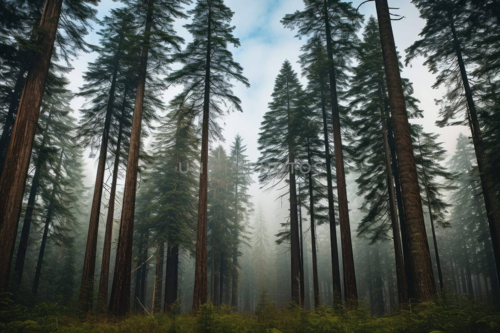 Towering Evergreens in Majestic Forest. Generative AI