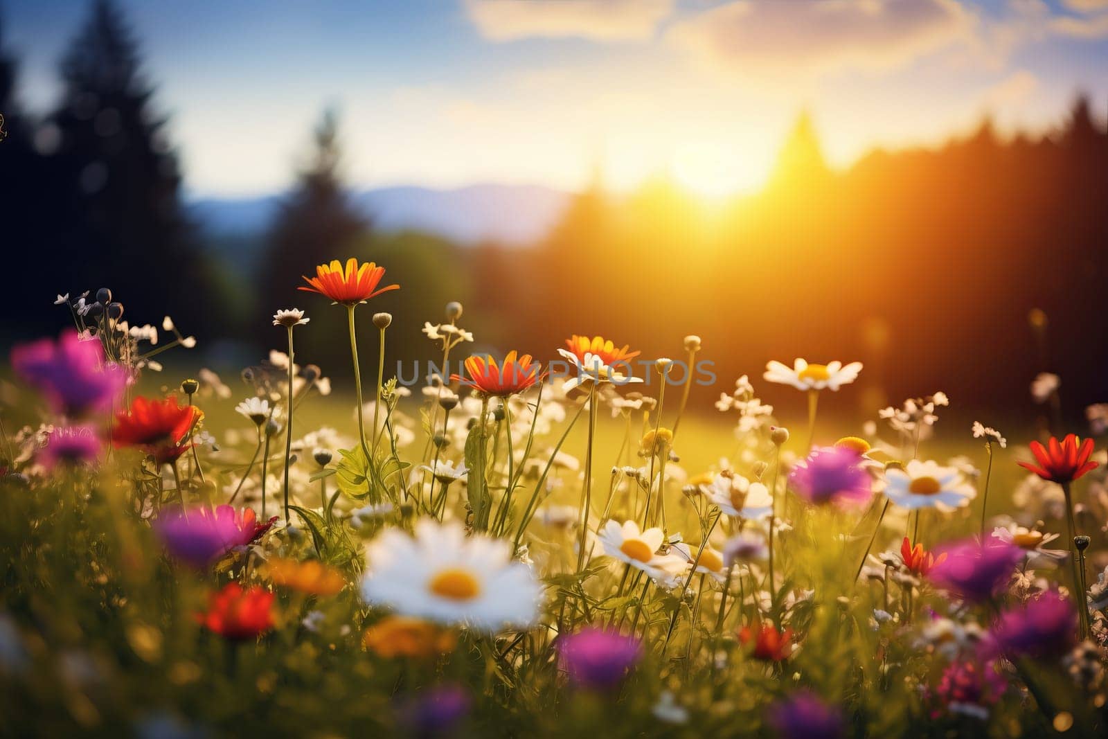 Sunlit meadow dotted with wildflowers. Generative AI